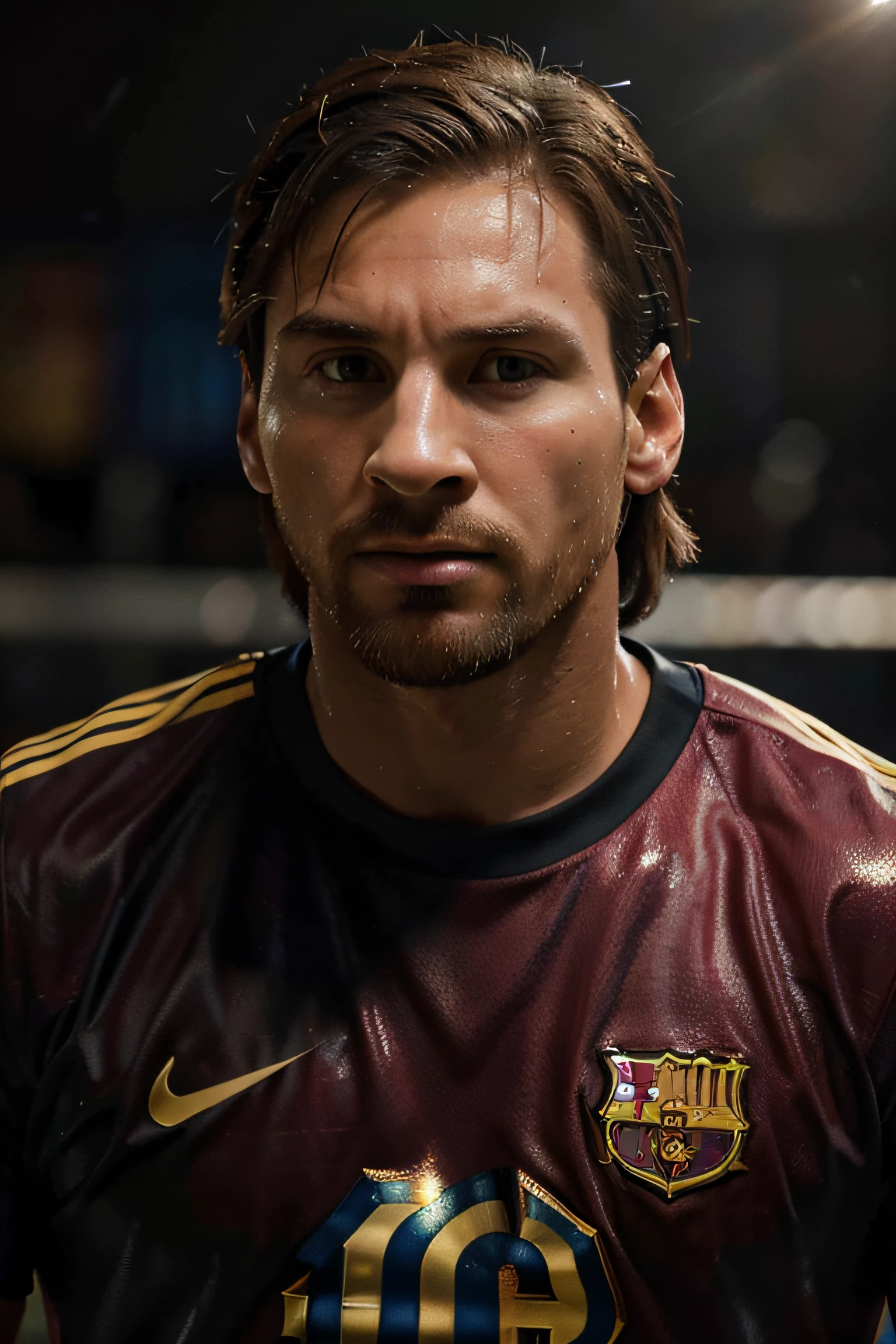 ultradetailed Lionel Messi football player face, photo-realistic, oil painting, intense expression, strong jawline, muscular physique, focused eyes, iconic hairstyle, sweat dripping down his forehead, intense determination, vibrant colors, dramatic lighting, studio setting