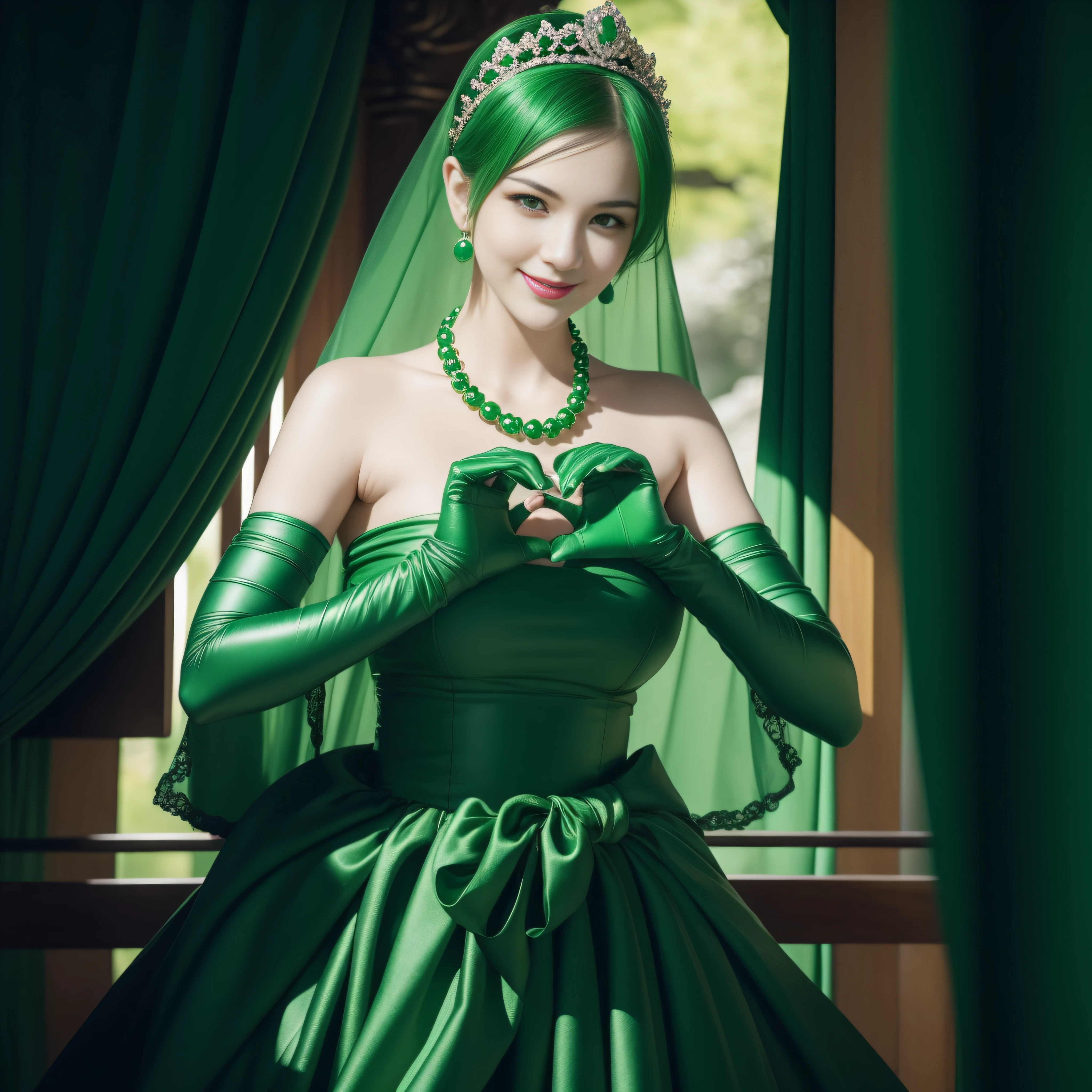 emerald tiara, Green Pearl Necklace, Boyish very short green hair, lipsticks, Japan woman smiling, very short short hair,  big breasts beautiful, Green eyes, Long green gloves made of satin material, Green eyes, Emerald Earrings, green vale, Heart with both hands