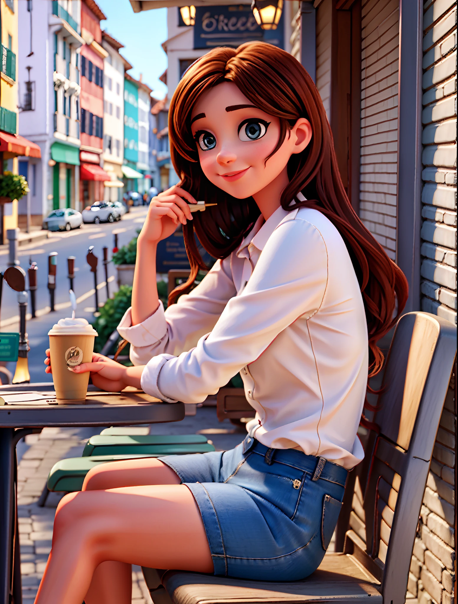 Beautiful French woman sitting and drinking coffee outside the street in a small café, rosto bonito, cabelo preto curto de franja batendo nos olhos  com olhos castanhos claros e sombra pesada, vestindo roupas bonitas e elegantes, grande estilo de moda, looking at you with loving eyes and a soft smile, Background is a European city of the city center, Fundo desfocado, profundidade de campo rasa, cinematiclight, luz suave, retroiluminado, micro-detalhes, fotorrealismo, fotorrealista, cinemactic, 85mm 1.4