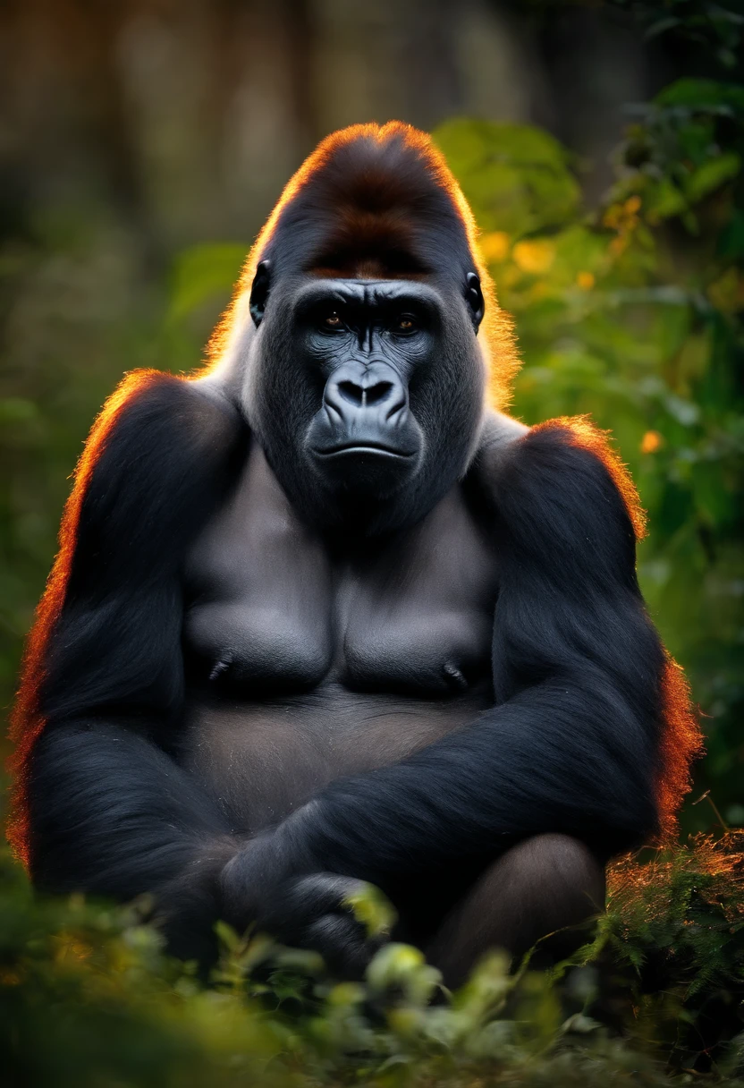 Silverback gorilla sitting down thinking made of fire.