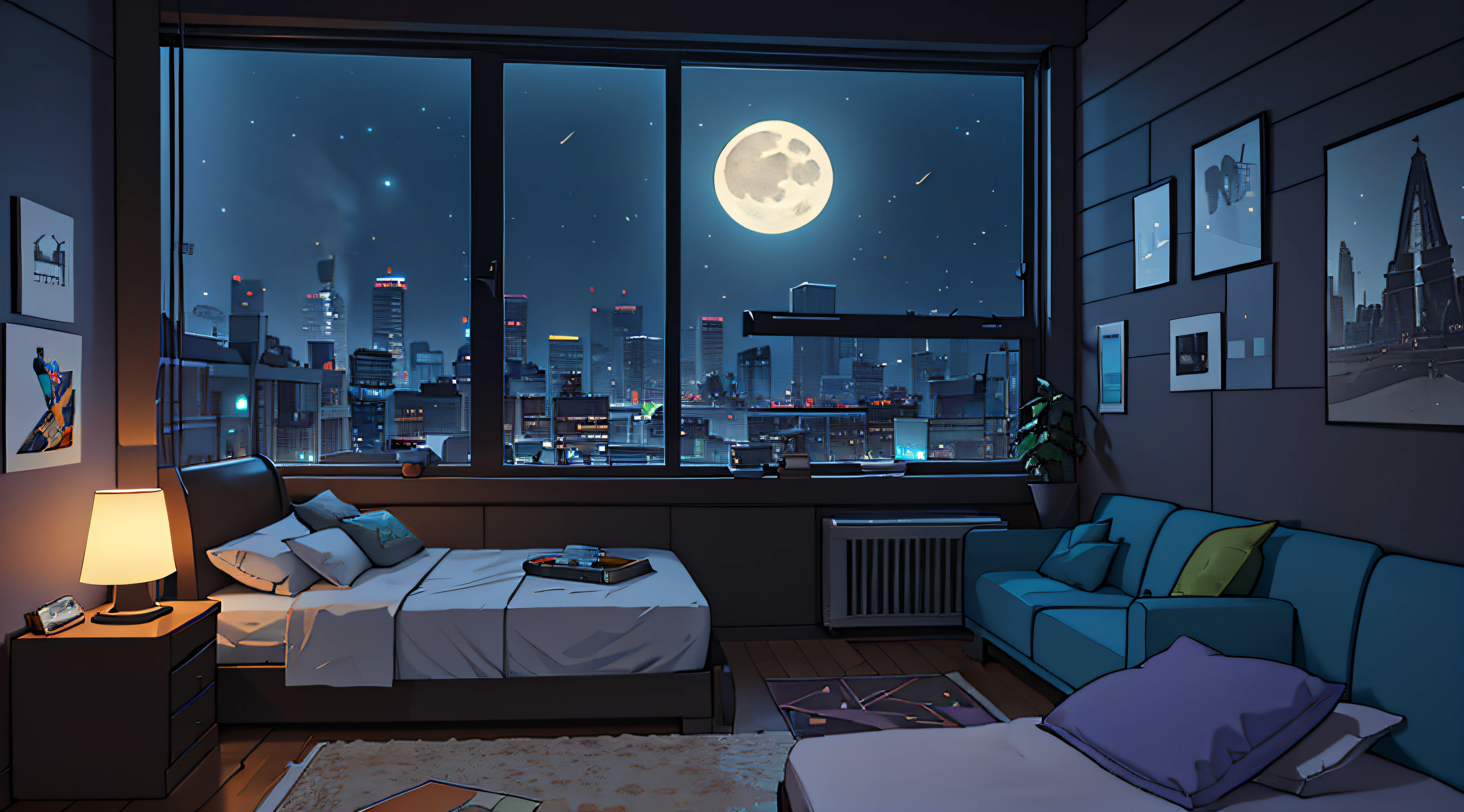game engine rendering, super high quality rendering, clear lines, geometry, masterpiece, best quality, official art, C4D, extremely detailed CGunity 8K wallpaper, very detailed, illustration, Unreal Engine, art station, Unreal 5, daz, surrealism, octane rendering, high quality shadows, games, (Game Concept Art Design: 1.1), (Cartoon Hand Drawn Style: 1.2), (Color: 0.6), Night, Moonlight, Terrace, (Night: 1.3), (Indoor: 1.3), Apartment Bedroom, Sofa, (Large Windows), Floor-to-Ceiling Windows, Night View Outside the Window, (A Girl Lying in Bed), Table, Doll, Hanger,