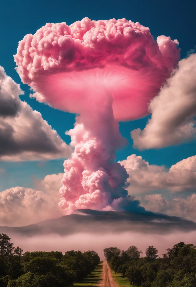 a volcano erupts，in pink，falling flower petals，dust clodust，Flutter in the wind，Heads-up，horizon，Photographic works，high detal，photorealestic