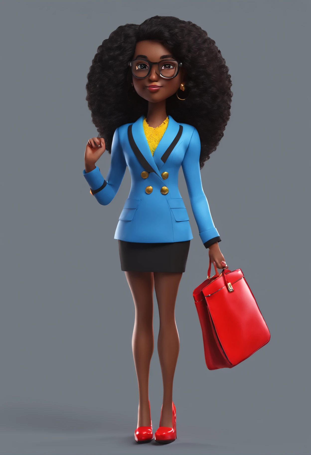 A dark-skinned girl with black hair, longos, ondulados. Olhos pretos, eyeglass, Intense red blazer and gold buttons