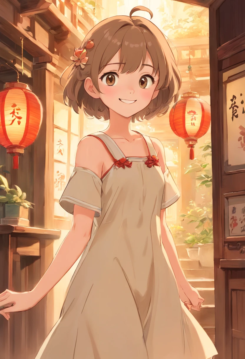 Sister:Mei,,Personality is serious、charge,It's Xiao Ming's sister,A big smile,Beige dress,is his example。