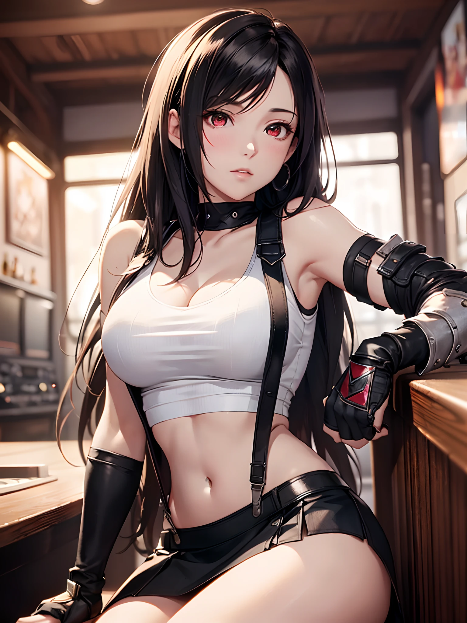 8K,masterpiece, Bast quality,big, (Ultra-thin contour lines), (1 Girl), Tifa Lockhart, red_eye, Black Hair, Long Hair, Professional Lighting, (Shiny skin: 1.2), shiny big, ((Highest quality)), Sharp focus: 1.2, Highly detailed face and skin texture, detailed eye, Perfect Face, Perfect body, Blur Art, CG, background, Big Breasts, in front (18-year-old, Cool and beautiful adult face), wear ((Suspender Black Skirt), Black elbow gloves, White tight shirt, thigh, White tank top), red面, (White Maiden), (White panties digging into pussy), Futuristic tabletop, Sue Steampunk sitting at a desk with her knees up, Browsing Caution, 