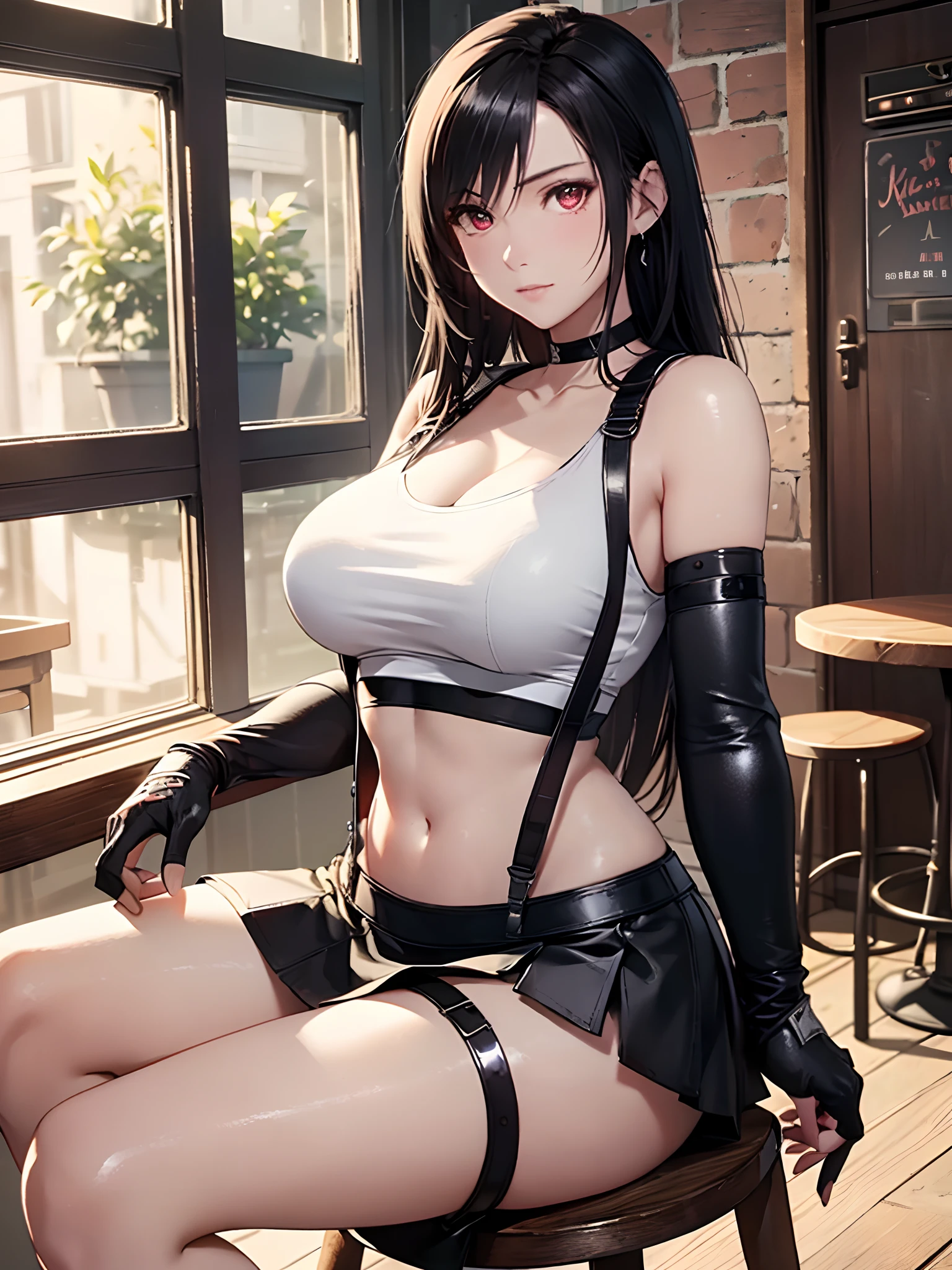 (((Beautiful nipples 、The upper part of the body、Grey back、Colossal tits、nudde、large areola、Beautiful areola)))、(1girl in、((独奏、tifa lockhart))、((red_eyes、Red eyes))、black hair、long hair、professional lighting), Best Quality, Expressive eyes, Perfect face, very long straight black hair, (Collar with chain、Black skirt, Black Elbow Gloves、Thigh、ripped clothing), Tifa,Tifa Lockhart, Tifa_lockhart、 (Photorealsitic), (fitness、natural make up), (Detailed skin), 4K, Highly detailed, ultra-detailliert, detaileds, Detailed beautiful skin, Detailed beautiful face, Detailed skin texture, detailed hairs, Detailed eyes, Thin figure, thin waist, slim, Perfect face with a clear abdomen, Cute face, Cute smile,Thigh、((white panties))、Farbe々At an angle