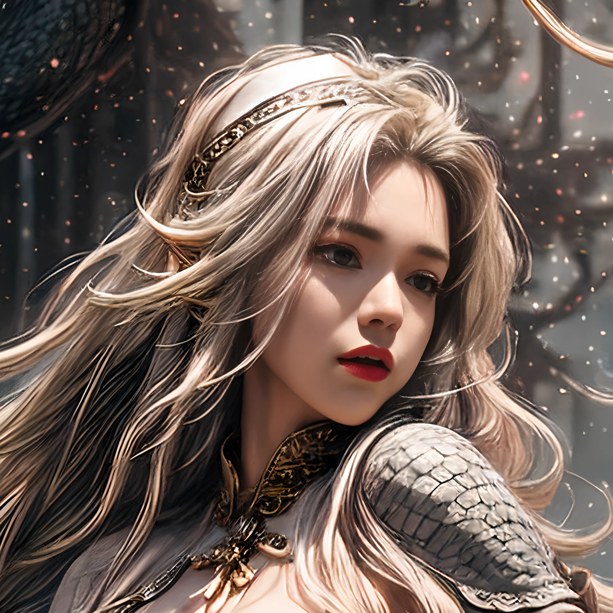 ((best quality)),(real),(masterpiece),absurdres,realistic,1girl,goddess,very long hair,(silver hair),white hairband,huge breasts,cleavage,high heels,virgin killer outfit,,fantastic,coloured,glaze,,iridescence,fanxing,outdoors,fantasy, chinese dragon,long