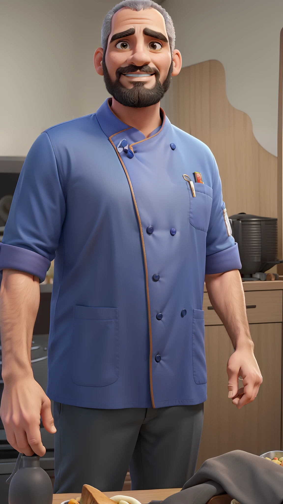 tmasterpiece,a melhor qualidade,Homen de 30 anos,com barba curta e careca e usando um bone vermelho , roupa de chef de cozinha,Estilo Disney, Standing in the park