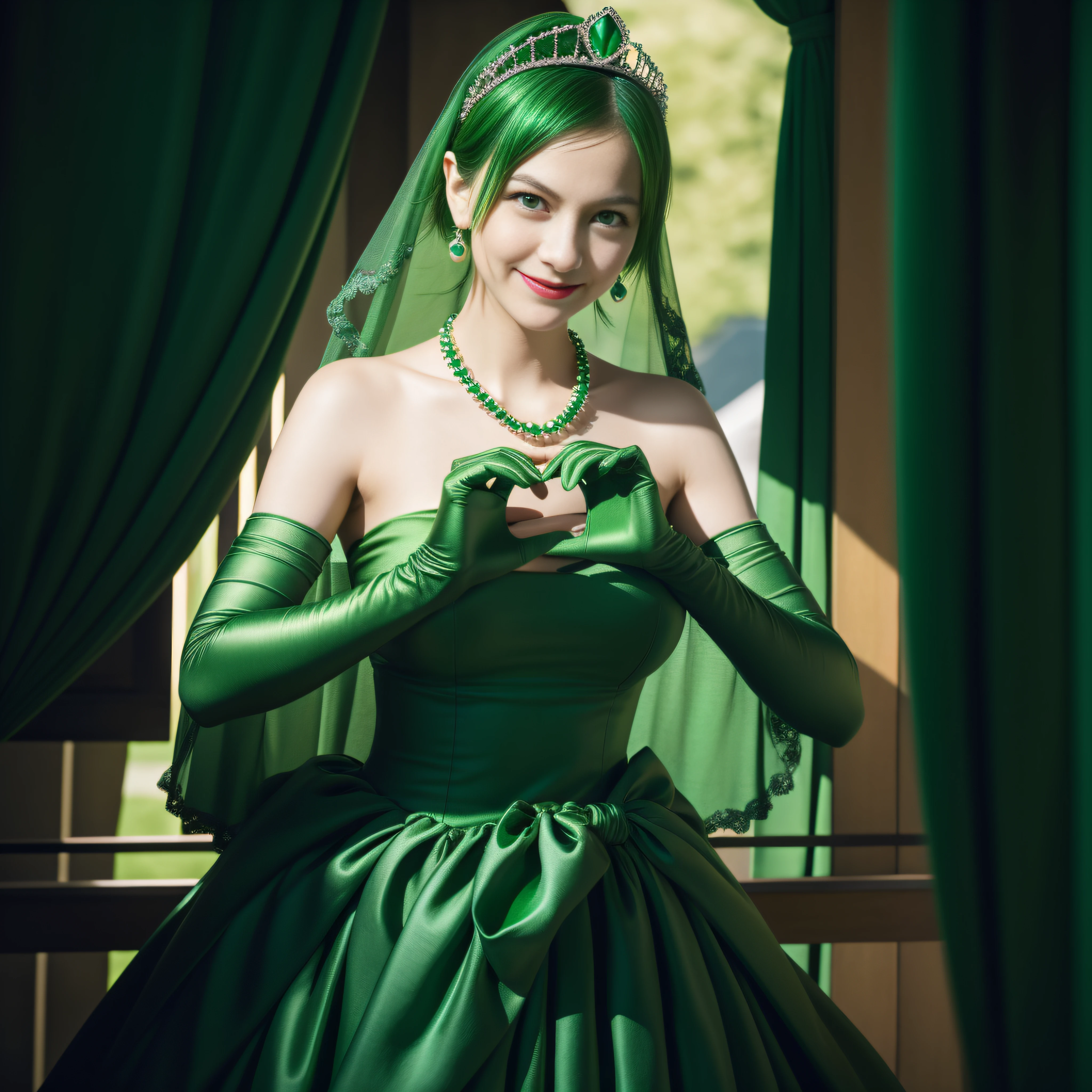 emerald tiara, Green Pearl Necklace, Boyish very short green hair, lipsticks, Japan woman smiling, very short short hair, big breasts beautiful, Green eyes, Long green gloves made of satin material, Green eyes, Emerald Earrings, green vale, Heart with both hands