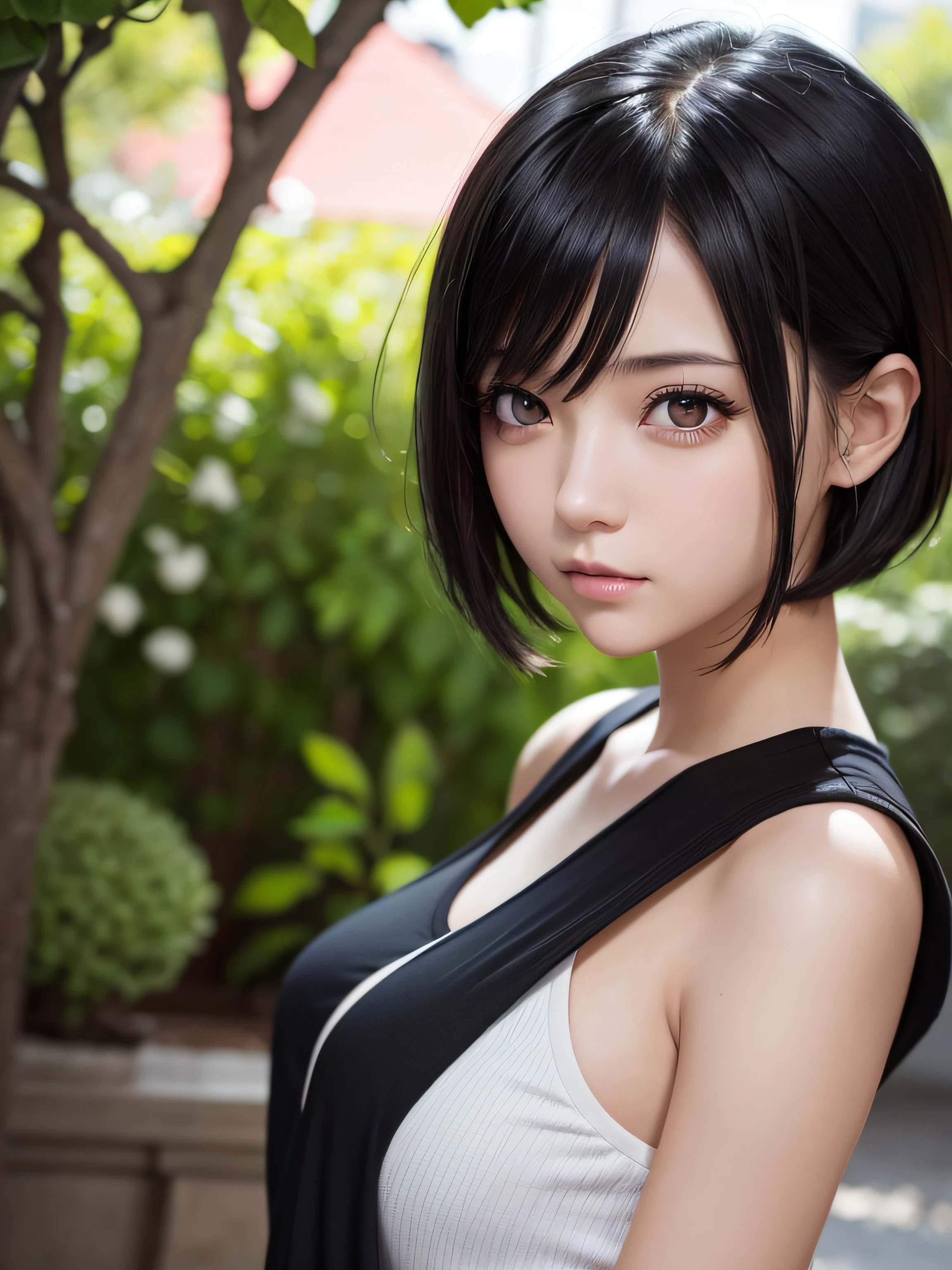 {masutepiece},{Best Quality},{1girl in}, Cute, amazing, Beautiful detailed eyes, Black eyes, Short hair, Black hair,finely detail,depth of fields,extremely details CG,Original, highly detailed wallpaper,Upper body, Looking at Viewer