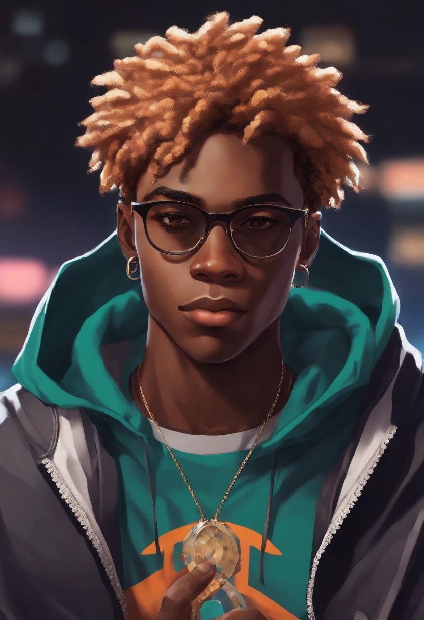 young black man, anime style hair, gamer, wearing glasses