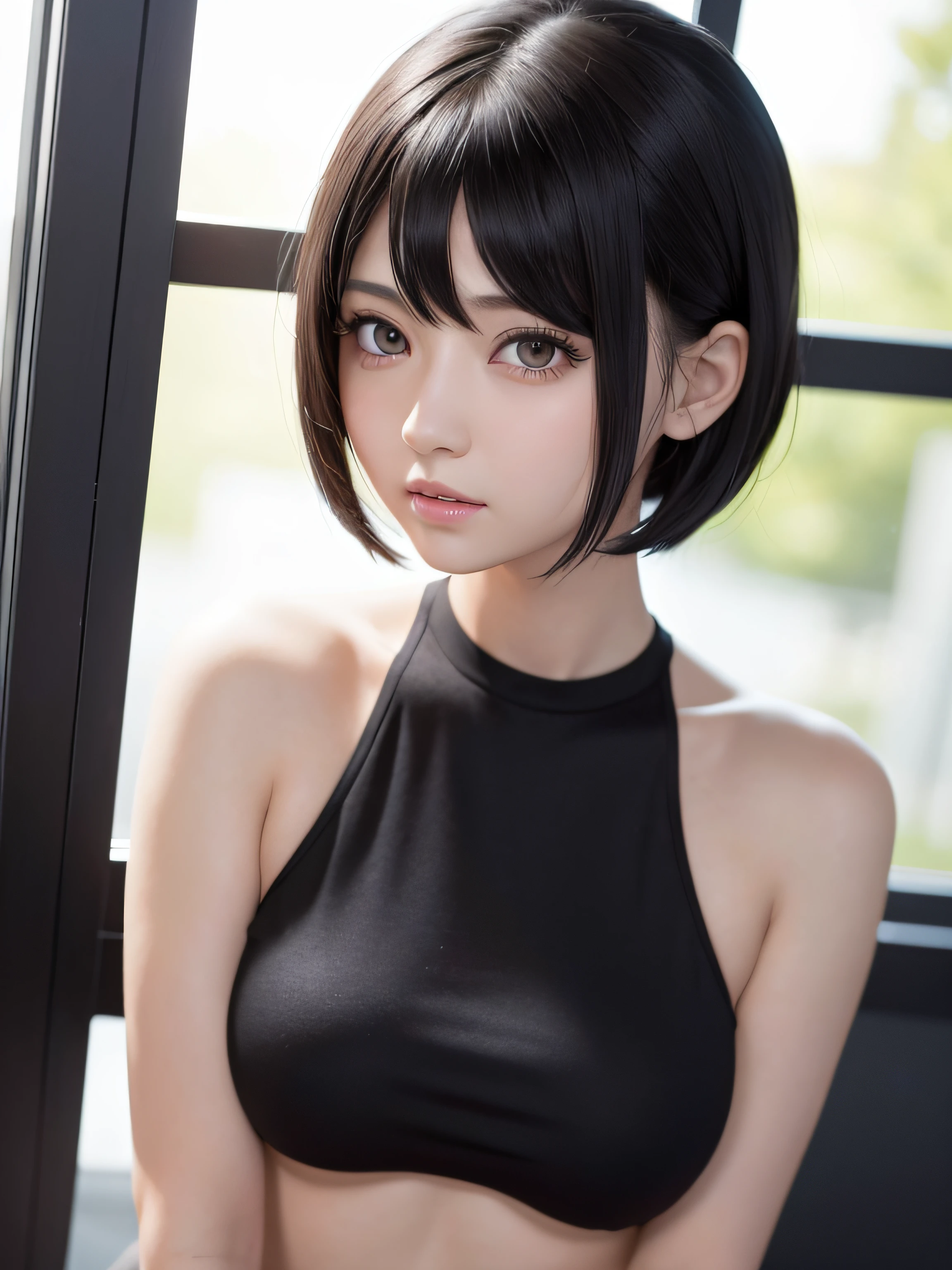 (masterpiece, best quality:1.2), 1girl, straight bob hair, (8k, extremely detailed CG), (Bend your knees and spread your legs wide:1.3), Cinema Lighting,  (strap slip off shoulder, skirt)