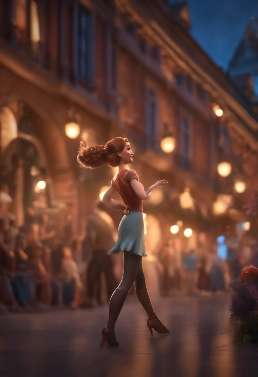 "(best quality,ultra-detalhado,Realistic:1.37),3D rendering,illustration,design de personagens,cabelos curtos e cacheados escuros,belos olhos detalhados,,Estilo Pixar,morena mulher,Dancing on the Disney stage,atmosfera animada,vivid colors,luzes de palco,expression joyful"