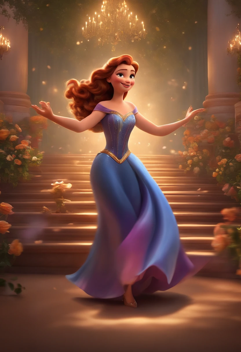 "(best quality,ultra-detalhado,Realistic:1.37),3D rendering,illustration,design de personagens,cabelos curtos e cacheados escuros,belos olhos detalhados,,Estilo Pixar,morena mulher,Dancing on the Disney stage,atmosfera animada,vivid colors,luzes de palco,expression joyful"
