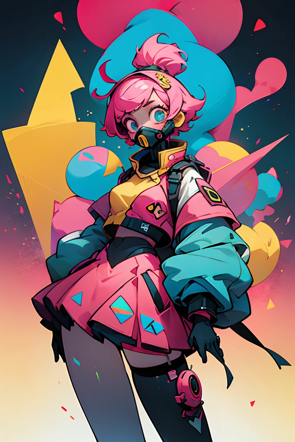 kpop girl with short nice fadecut pink hair, colorful glowing gass mask, lots of shapes attatched everywhere, random shapes mostly triangle, yellow skirt with polcadots, red gloves, and an 2 antena headband