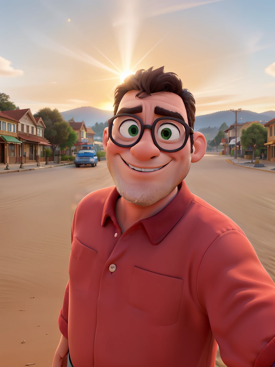 Obra-prima, de melhor qualidade, com por do sol, Pixar Disney, cidade em volta de montanhas verdes, por do sol iluminado por Deus, cor do olho castanho, middle chin, idade 30 anos