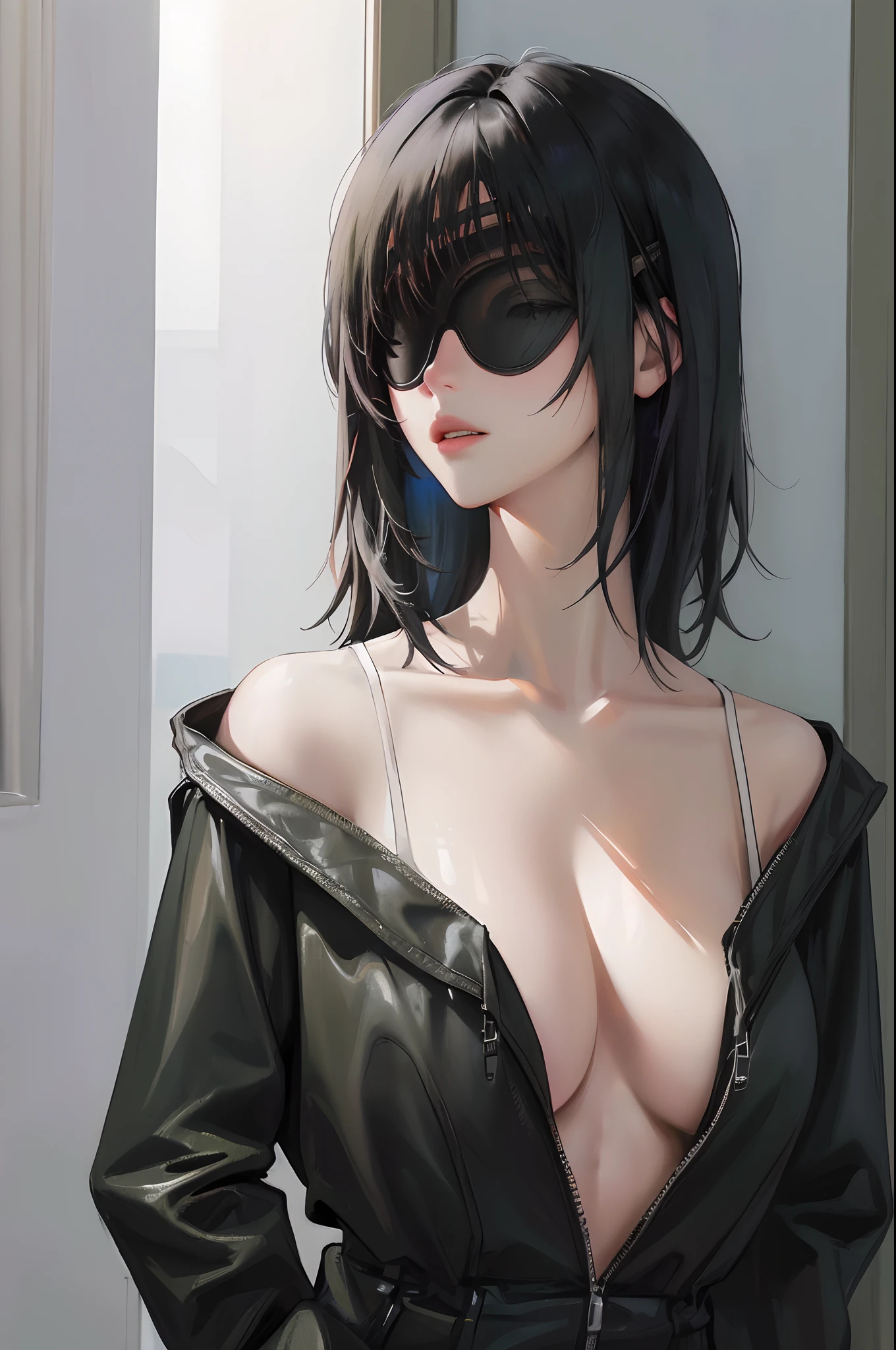 (highest resolution, distinct_image) best quality, woman, masterpiece, high detail, semi-realistic, short black hair, black hair, bangs, 21 years old, shoulder-length hair, mature, young, black clothes, black uniform, military academy beauty heroic heroic posture interior background exquisite and exquisite facial features