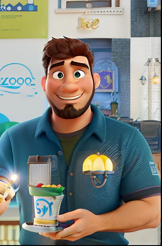 Poster no estilo Disney pixar, alta qualidade, melhor qualidade, homem sexy branco, 30 anos cabelo grisalho barba preta, musculoso, com fundo em um restaurante a luz de velas