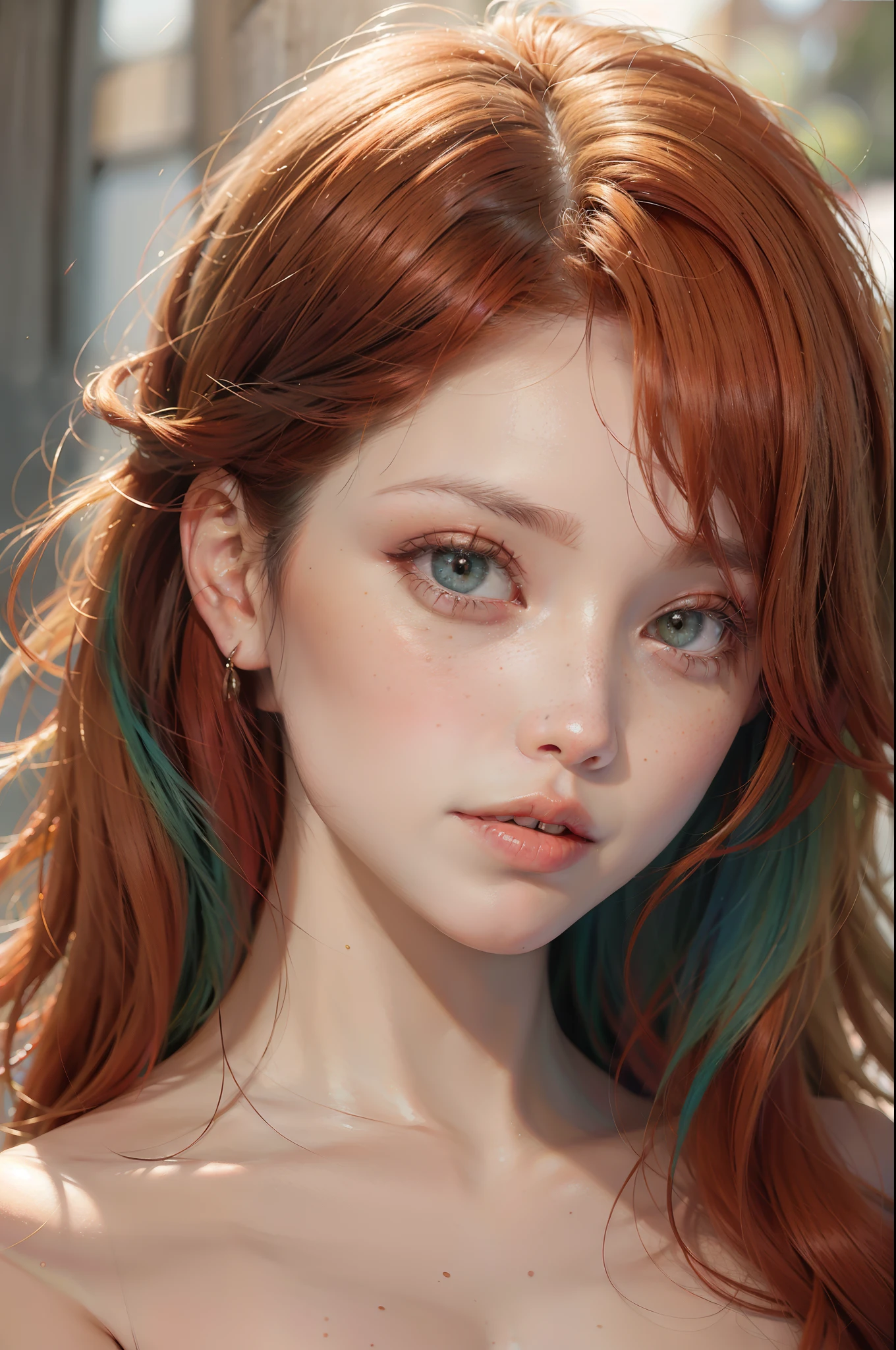 (best quality,4k,8k,highres,masterpiece:1.2),beautiful redhead with fiery hair,strikingly vibrant red hair,green eyes,freckles,pale skin,ethereal appearance,delicate lips,wild and flowing hair,mesmerizing gaze,radiant beauty,natural and captivating look,soft and elegant features,[portrait],[oil painting],medium brushstrokes,detailed facial features,[close-up],subtle contouring,vivid colors,soft and warm color tones,subtle lighting and shadows