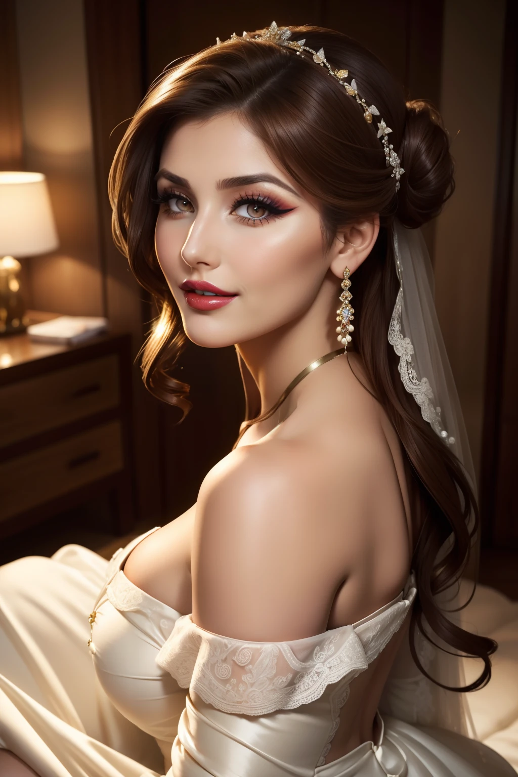 Lucy Pinder, face portrait, ((Very Intense Makeup)), ((Bright Lipstick)), smiling, long hair, brown hair, hair tied in chignon, Voluptuous Woman, off-shoulder dress, wedding dress, neckline, back , beautiful buttocks