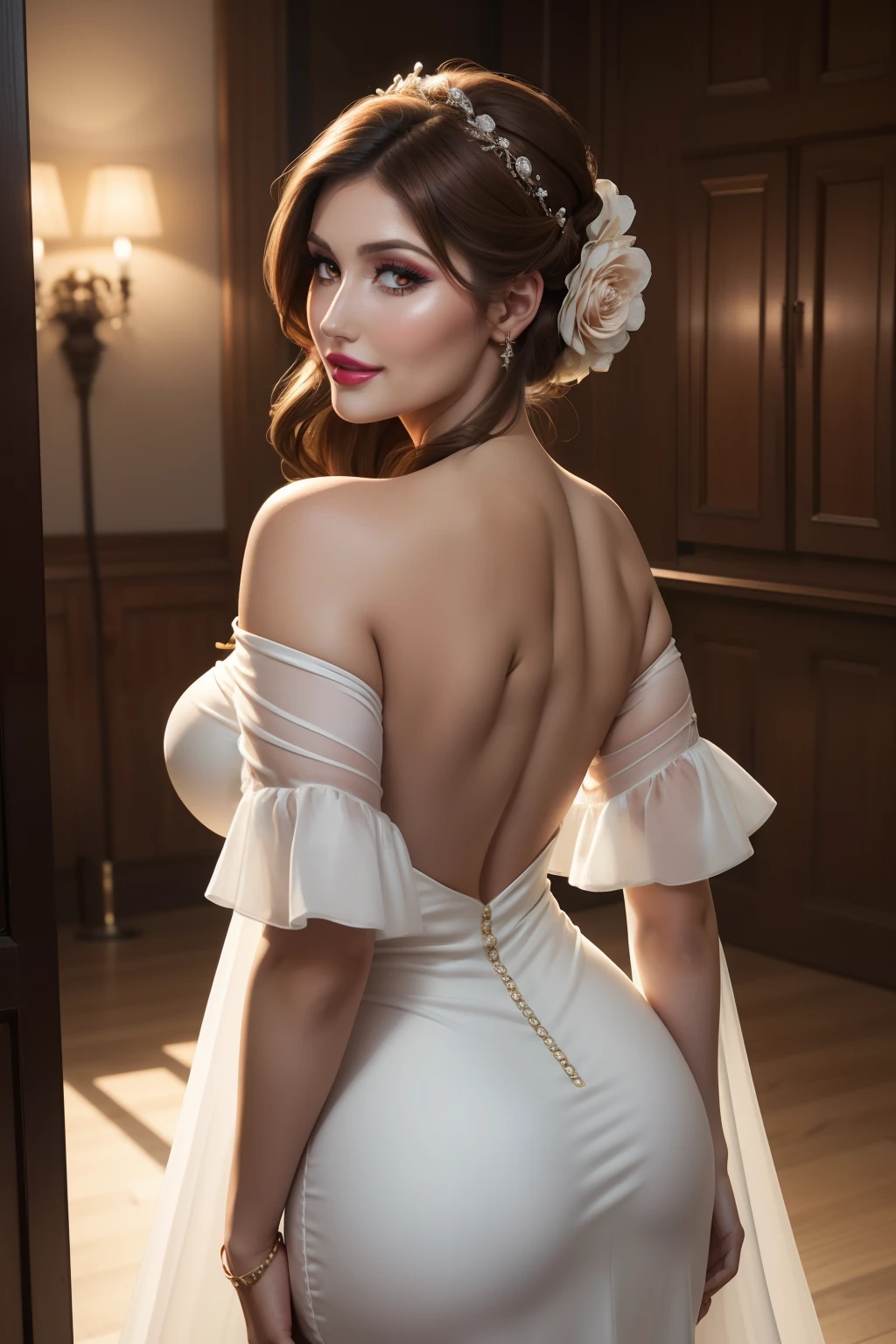 Lucy Pinder, face portrait, ((Very Intense Makeup)), ((Bright Lipstick)), smiling, long hair, brown hair, hair tied in chignon, Voluptuous Woman, off-shoulder dress, wedding dress, neckline, back , beautiful buttocks