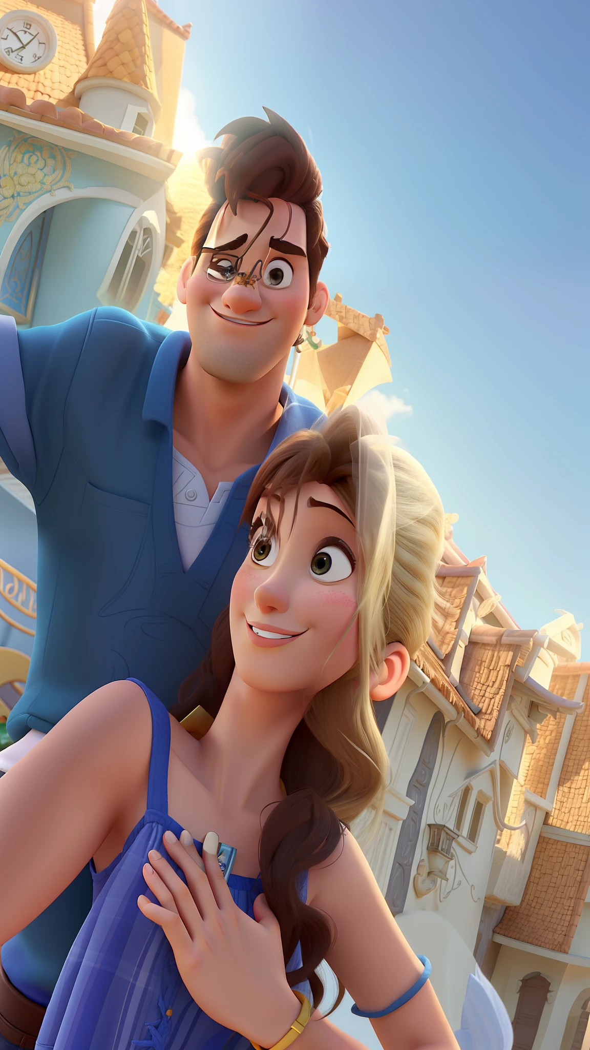 Casal (homem branco e mulher branca) no estilo Disney Pixar, alta qualidade, melhor qualidade.