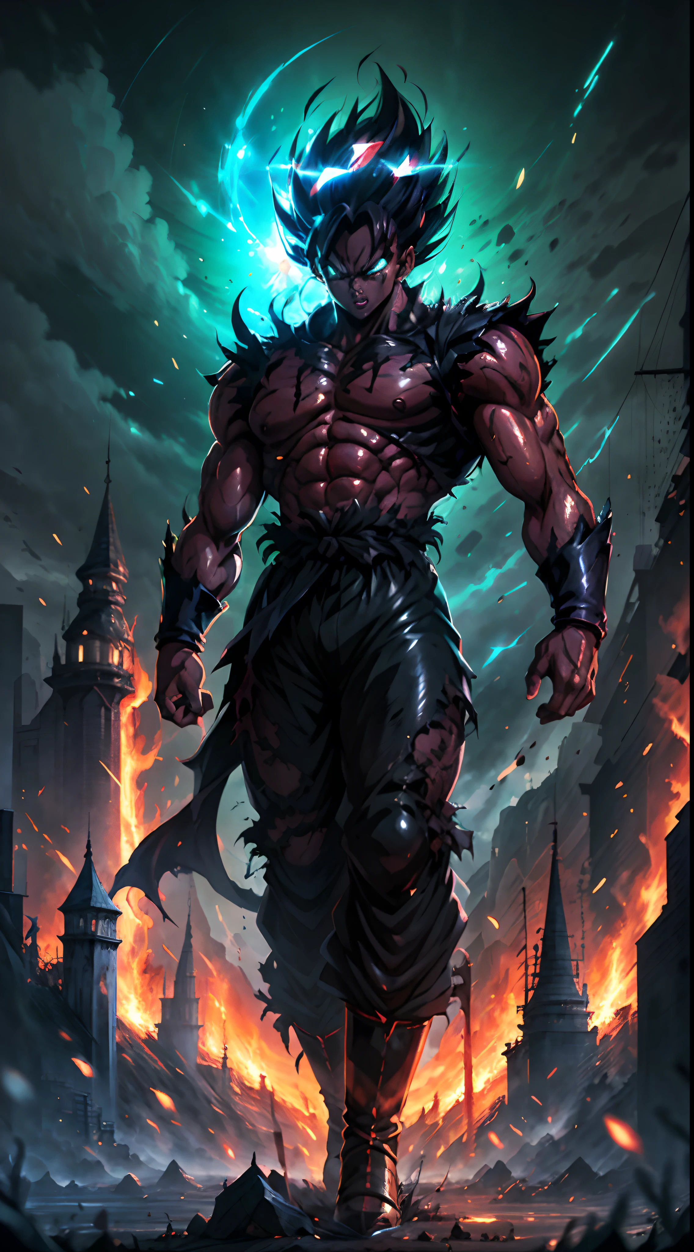 Detailed anime artwork, highest quality, depth of field, anime epic art, concept art, Dragon Ball universe concept, manga wallpaper 8k, detailed anime digital art, Advanced digital anime art. 8k anime Black Demon God with meticulously detailed handsome face, glowing red eyes, transformation state mode, extreme instinct, epic anime about energy people, fire, lava.