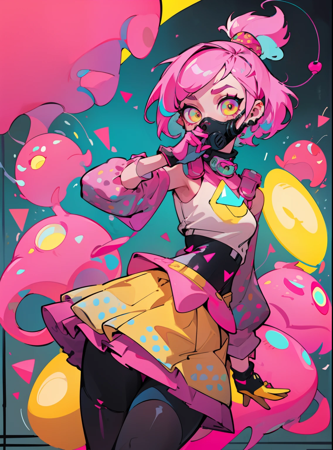 kpop girl with short nice fadecut pink hair, colorful glowing gass mask, lots of shapes attatched everywhere, random shapes mostly triangle, yellow skirt with polcadots, red gloves, and an 2 antena headband