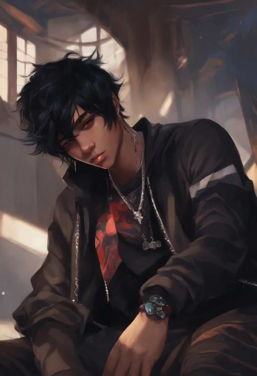 black boy, emo, black hair, gamer, style anime