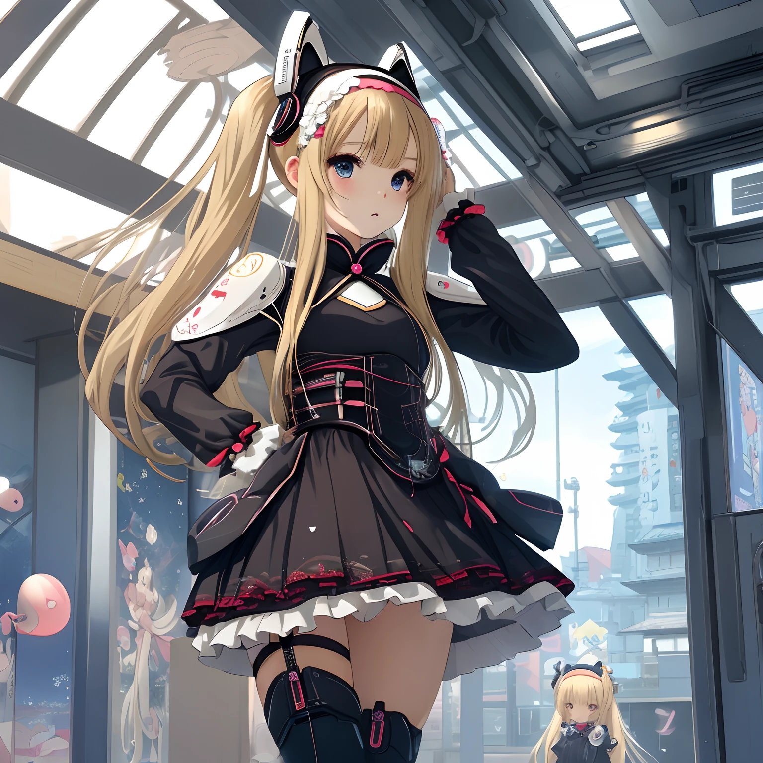 Japan Anime Style、futuristic android girl、Blonde longhair、Wear ta clothes、a miniskirt、Wearing a headband