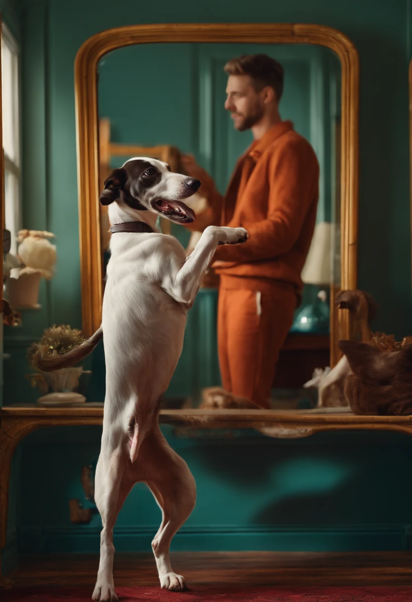 Man Holding His Whippet Puppy In Front Of Mirror, tirando uma foto self . Montar a imagem em estilo desenho animado pixar