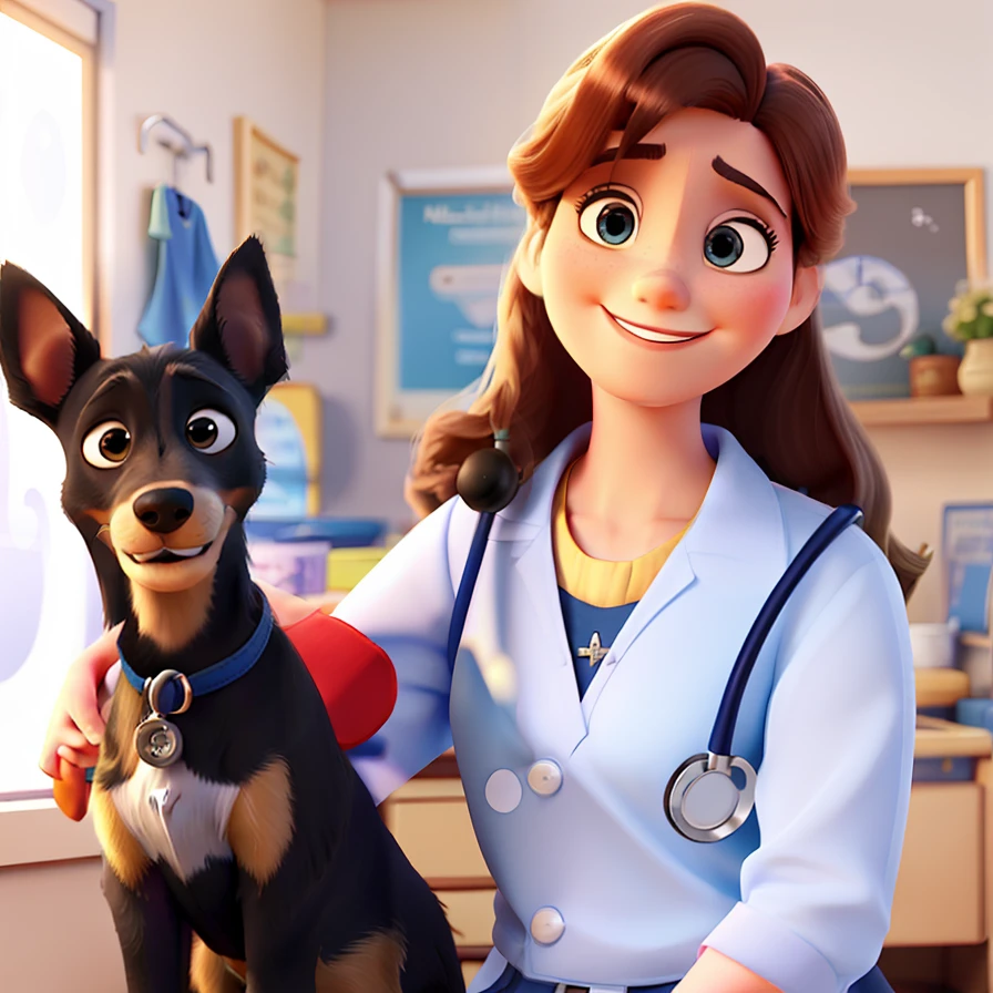 A 3d pixar Disney style movie poster with the texto " ", a 33 year old woman, smiling, a seamstress, veterinarian with stethoscope and blue coat, blonde with long hair in a veterinary office with a black and brown pinscher dog.