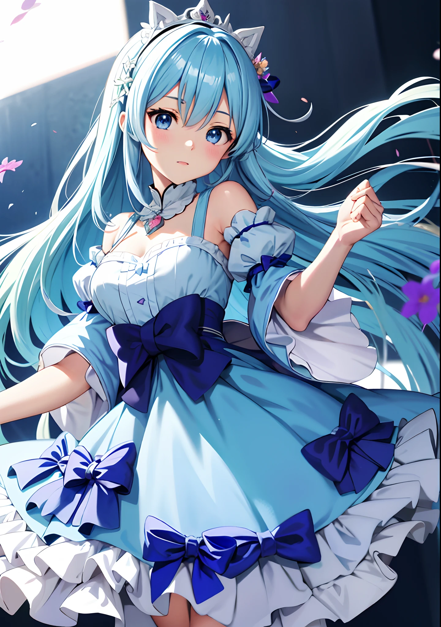 Anime girl in blue dress with flowers, Light blue long hair、Twin-tailed、Cute anime waifu in a nice dress, in dress, rem rezero, offcial art, Anime princess, Lori, beatrice blue, zerochan art, royal elegant pose, official artwork, splash art anime lolisif, Kushatt Krenz Key Art Women, detailed fan art, Beautiful teenage