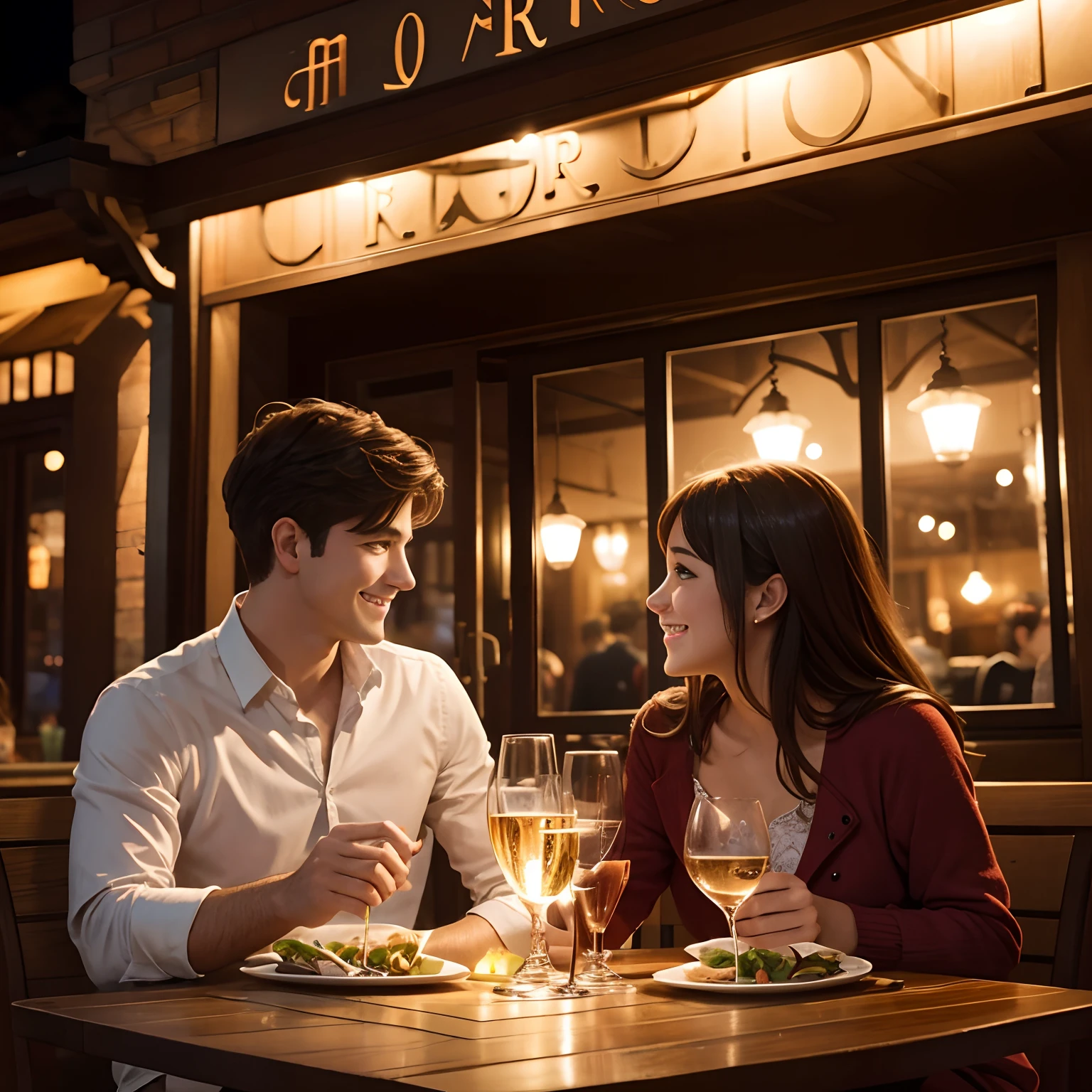 Illustrate a charming scene of a cute couple enjoying a delightful night out at an enchanting restaurant