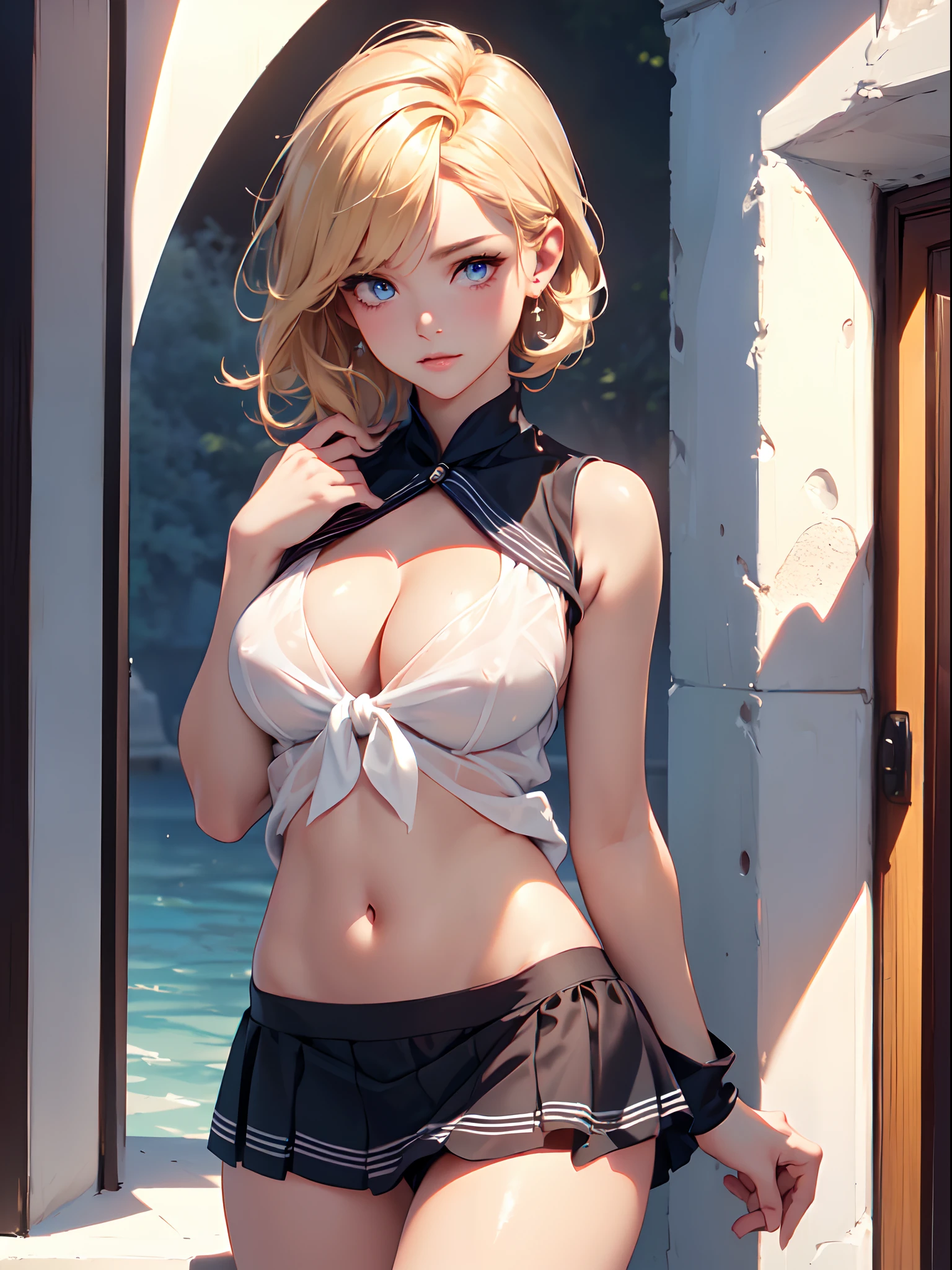 (((toppless))), (large full breasts), (((cleavage))), ((Smooth texture, Realistic texture, Photorealistic)), Detailed beautiful eyes, Beautiful eyelashes, emerald eyes, blonde medium hair, extremely detailed CG unified 8k wallpaper, very fine 8KCG wallpaper, (masterpiece, Best Quality), High resolution, Ultra-detailed, ultra-sharp, 1 Lady, at poolside, ((( sheerwhite sailor shirt, Sleeveless, Open front))), (((Navel ))), (((Sheer Micro Mini Skirt))), (Beautiful face, Cute face, Detailed face), (((Cowboy Shot))), (((Sunny))), Perfect Eyes Eyes