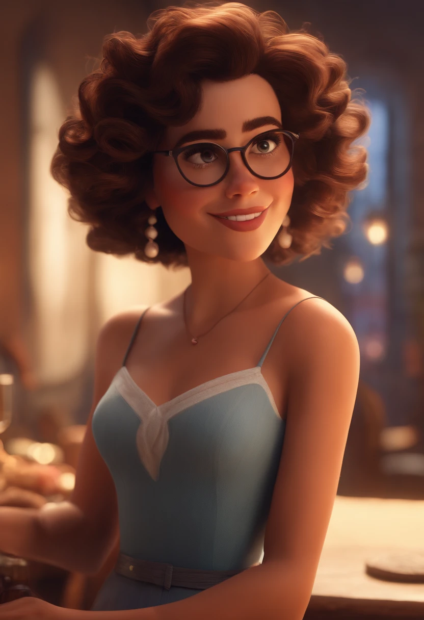 Pixar style image with 3D character white glasses brunette woman short curly hair dancing, Maquiagem Disney,Pescador, bonitinho, sorridente ,Close-up, Pixar, Disney, Cinema lighting,