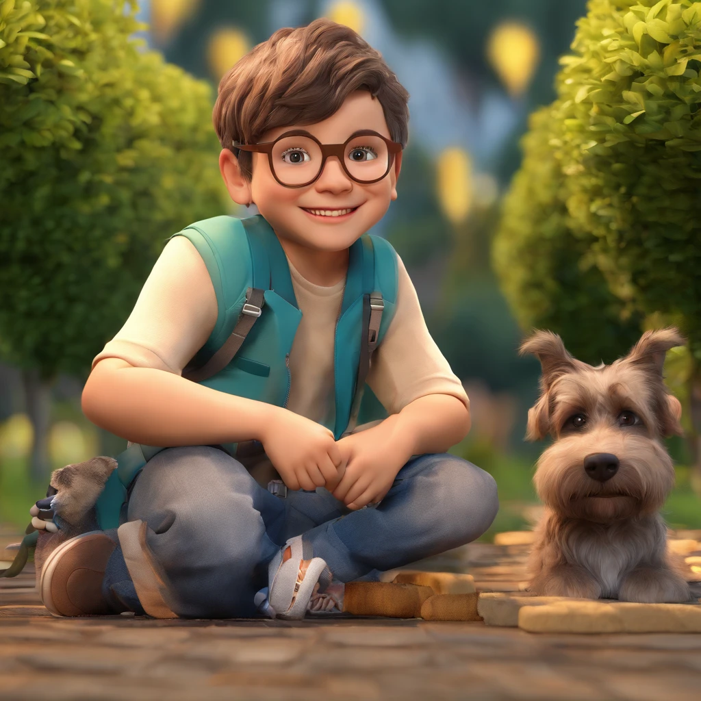 Lucas is a smiling 5-year-old human boy, com seu fiel amigo, parafuso, o cachorro schnauzer, deitados no jardim