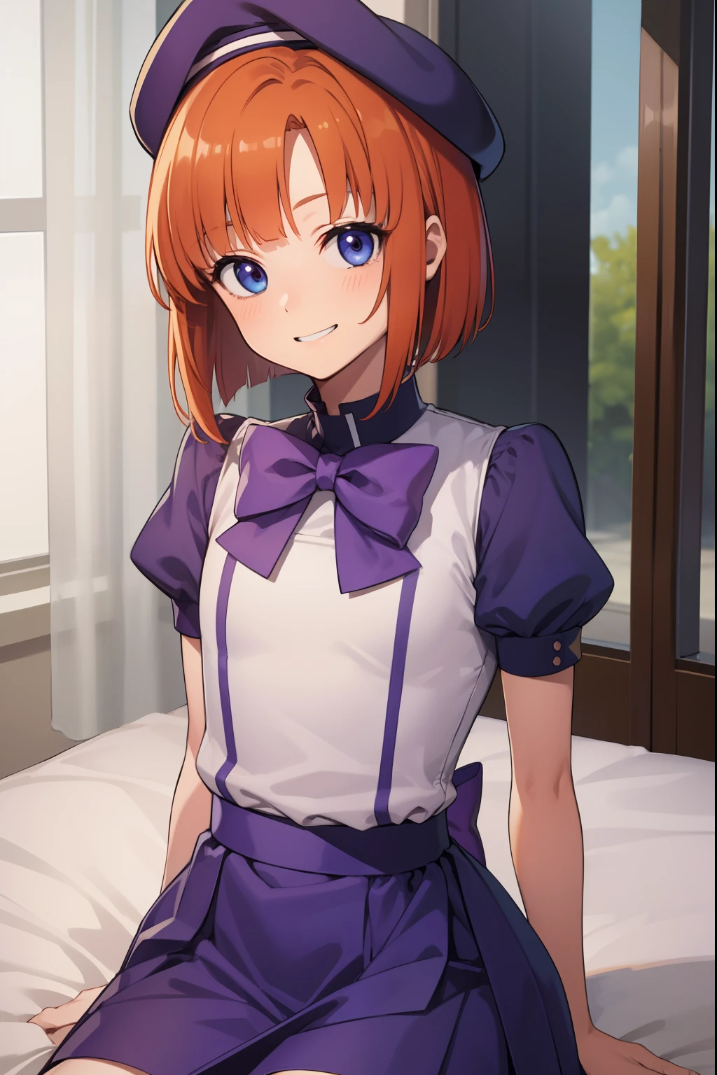 renaryuuguu, Pure Ryuuguu, orange hair, Short hair, blue eyes, Smile, grin,
Takes a break, black thighs, bow, bowtie, Dress, hat, puffy short sleeves, puffy sleeves, purple bow, purple bowtie, short sleeves, thights, thights, whitedress, zettai ryouiki, (little chest:1.2)
BREAK looks at the viewer,
BREAKTHROUGH in the room, bed,
BREAK (Masterpiece:1.2), Best Quality, High Resolution, Unity 8k壁纸, (illustartion:0.8), (beautiful detail eyes:1.6), extremely detailed face, perfect lighting, extremely detailed CGI, (perfect arms, perfect anatomy),