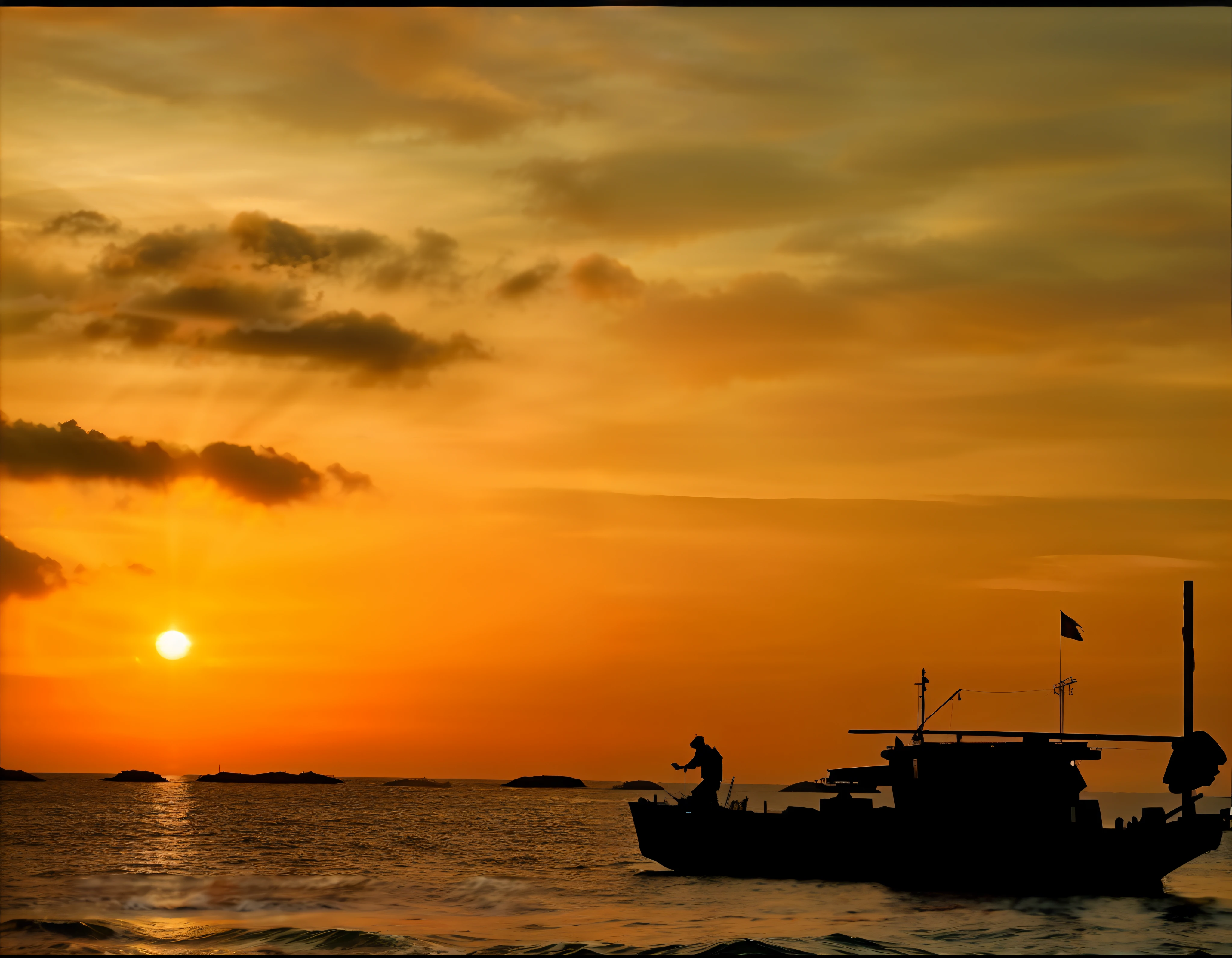 Sunset over the sea,The foreground is a ship, the sunset, At sunrise, As night fell, as the sun sets on the horizon, end of day, Beautiful scene, end of day, Sunset atmosphere, Evening sunset, The most beautiful sunset, 4 0 9 6, Stunning scene, the sunset, taken at golden hour, going forward to the sunset, dawn setting