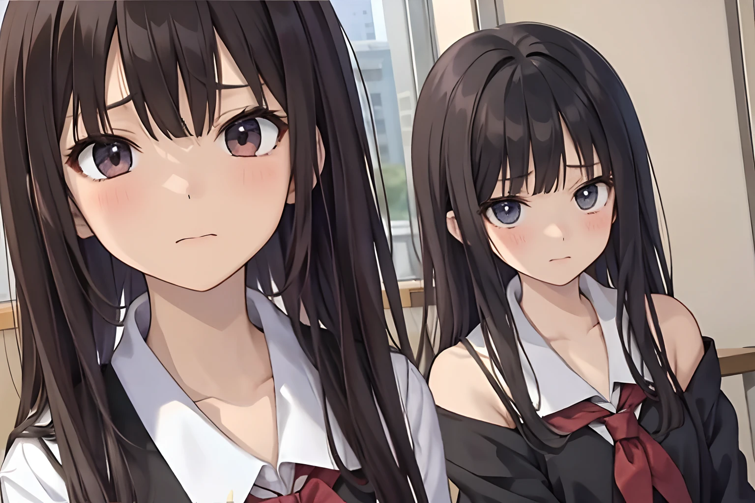 Anime style, 2 girls, 2 people, high school uniform, facing each other, one of them has a bad, A person who condemns, Aggressive. The other sad, Embarrassed, Soon he'll get over his shoulders, I lowered my head