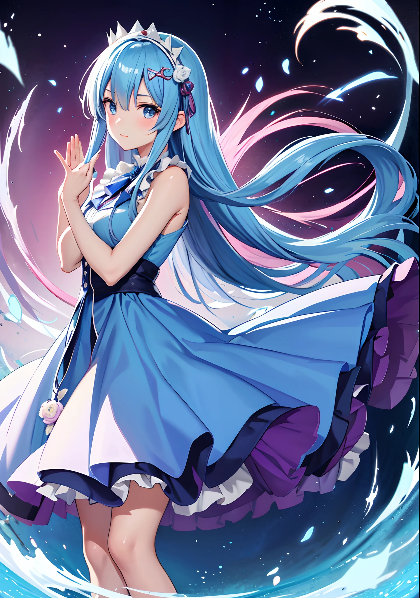 Anime girl in blue dress with flowers, Light blue long hair、Twin-tailed、Cute anime waifu in a nice dress, loli in dress, rem rezero, offcial art, Anime princess, Lori, beatrice blue, zerochan art, royal elegant pose, official artwork, splash art anime loli, Pisif, Kushatt Krenz Key Art Women, detailed fan art, Beautiful teenage girl