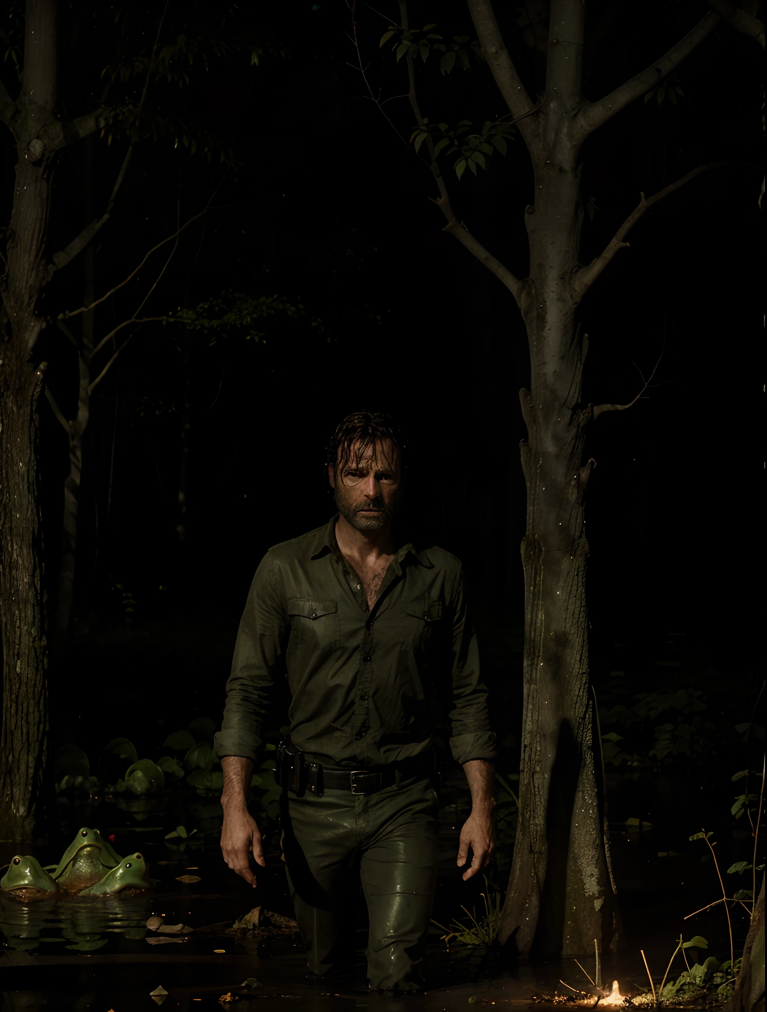 Rick grimes scared in a tree that is in a swamp, while being watched by an army of frogs below him at night. The Trees behind Rick are also on fire providing a creepy light on the frogs