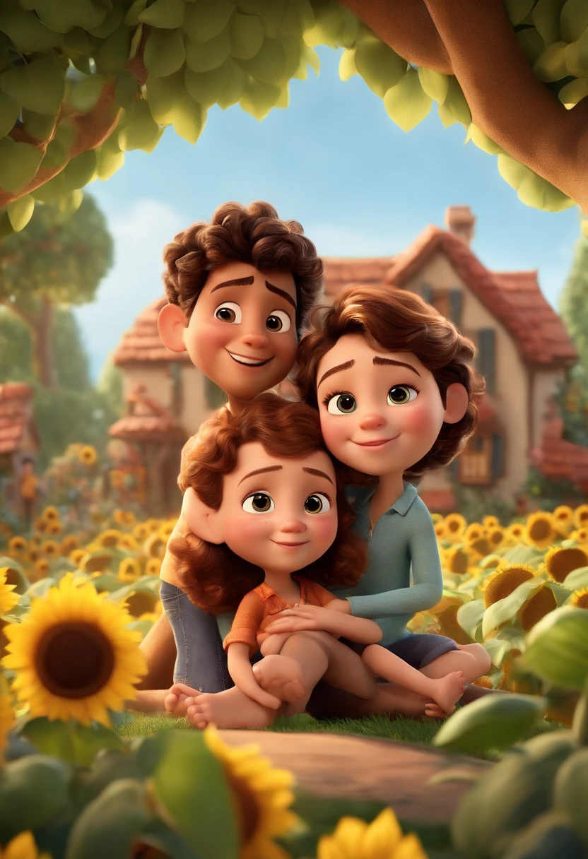 Create a Disney PIXAR-style 3D poster. ((centro da imagem, dois meninos)), ((2Children)) ((1 boy on lap and 1 boy next to the woman's leg They're hugging each other, O menino tem pele marrom clara e cabelos castanhos escuro escuros e olhos castanhos escuros, 1 menino tem pele clara, dark eyes and medium brown hair and curly hair,  s)) ((tudo isso no estilo Disney PIXAR 3D, In the background, A house of sunflowers, Gloria Studio, The garden is full of nature 3D render RTX clay material, estilo de design cartunesco, POP Mart, soft lighting, linhas suaves, Spring tilt, Detailed illustrations of PIXAR 3D, Detalhes hiper-realistas, cor quente no estilo Disney PIXAR 3D))