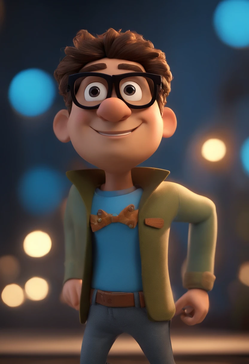 Cartoon character of a man with black glasses, cabelo cacheado marrom escuro e uma camisa azul, animation character, Caractere estilizado, animation style rendering, 3D estilizado, Arnold Maya render, 3 d render stylized, toon render keyshot, Personagem 3D, Personagem 3D, 3d rendering stylized, 3 d character render, personagem de desenho animado, Personagem de close up, Pose de personagem,  (Estilo Pixar) (master part:1.2) (Bokeh) (best quality) (pele detalhada) (textura detalhada) (8k) (argila) (Cinematic lighting) (foco nítido