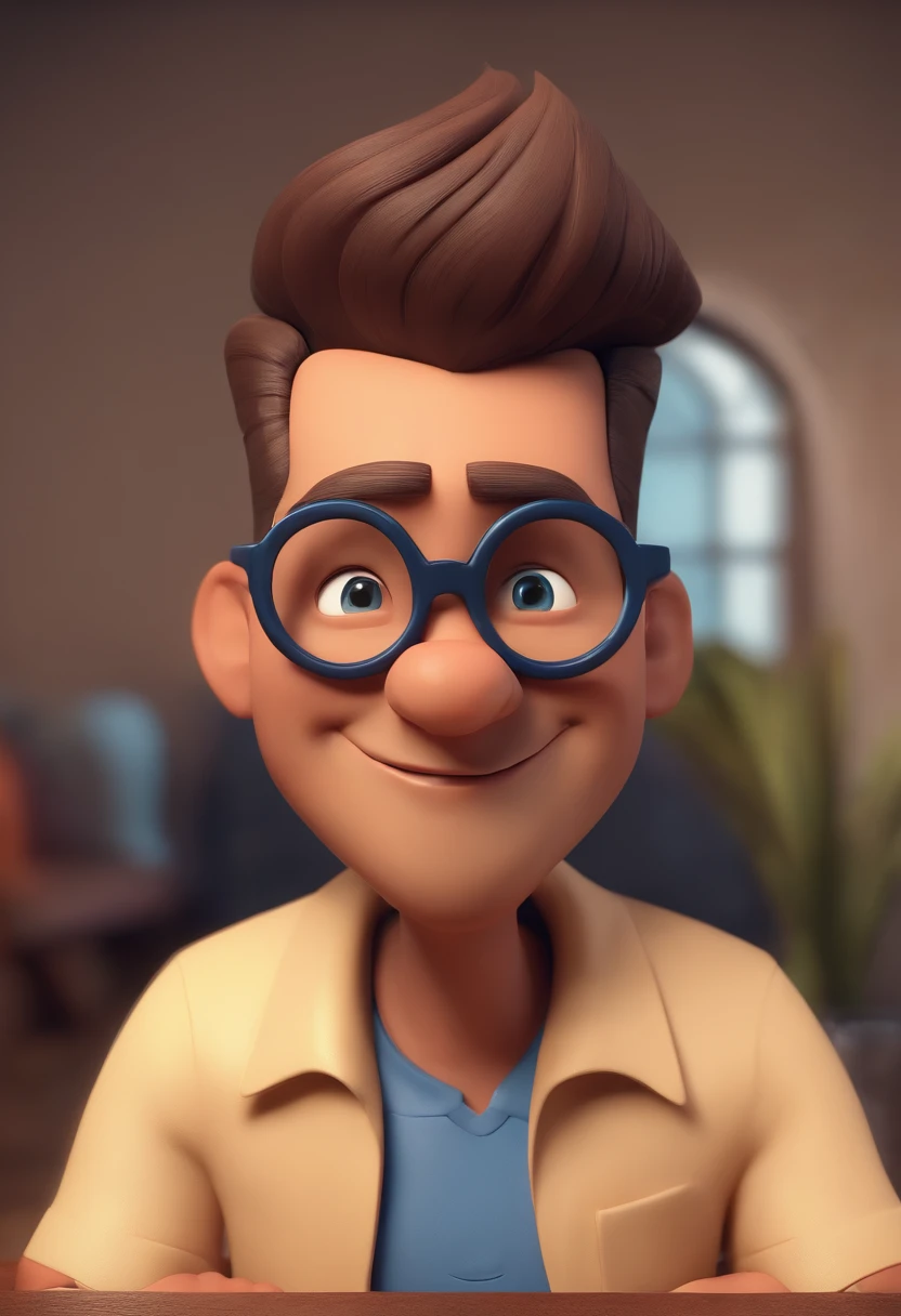 Cartoon character of a man with black glasses, cabelo cacheado marrom escuro e uma camisa azul, animation character, Caractere estilizado, animation style rendering, 3D estilizado, Arnold Maya render, 3 d render stylized, toon render keyshot, Personagem 3D, Personagem 3D, 3d rendering stylized, 3 d character render, personagem de desenho animado, Personagem de close up, Pose de personagem, (Estilo Pixar) (master part:1.2) (Bokeh) (best quality) (pele detalhada) (textura detalhada) (8k) (argila) (Cinematic lighting) (foco nítido