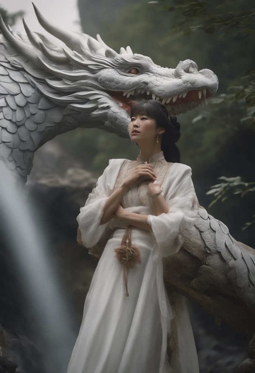 Asian-style white dragons fly around mysterious waterfalls、The body of the white dragon is slender，Undulating like a big snake, Holding a gemstone in his right hand.、He roared with gorgeous horns and a beard on his head.、The bunny boy who challenges the white dragon、[Object object], (Detailed facial features:1.3), (RAW photo, 16 k, masutepiece, Best quality: 1.2), (Ultra-realism, Super-dense and complex realism: 1.3), (Wide depth of field, Radiation mapping, Ray tracing, god light: 1.2), HighDynamicRange, Vivid, rich details​, Clear shadows and highlights, Realistic, powerful, Increased contrast, A rabbit-eared girl in Chinese costume fights a white dragon in a mysterious waterfall、