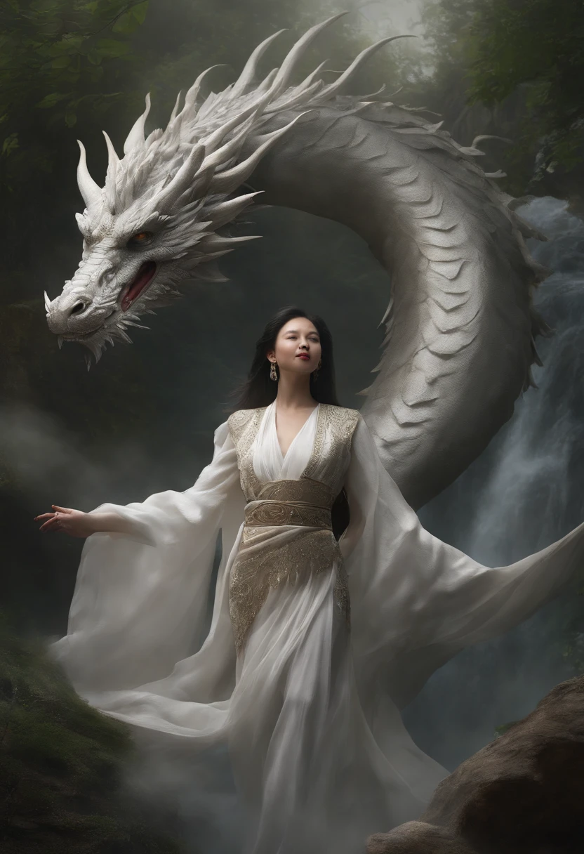 Asian-style white dragons fly around mysterious waterfalls、The body of the white dragon is slender，Undulating like a big snake, Holding a gemstone in his right hand.、He roared with gorgeous horns and a beard on his head.、The bunny boy who challenges the white dragon、[Object object], (Detailed facial features:1.3), (RAW photo, 16 k, masutepiece, Best quality: 1.2), (Ultra-realism, Super-dense and complex realism: 1.3), (Wide depth of field, Radiation mapping, Ray tracing, god light: 1.2), HighDynamicRange, Vivid, rich details​, Clear shadows and highlights, Realistic, powerful, Increased contrast, A rabbit-eared girl in Chinese costume fights a white dragon in a mysterious waterfall、