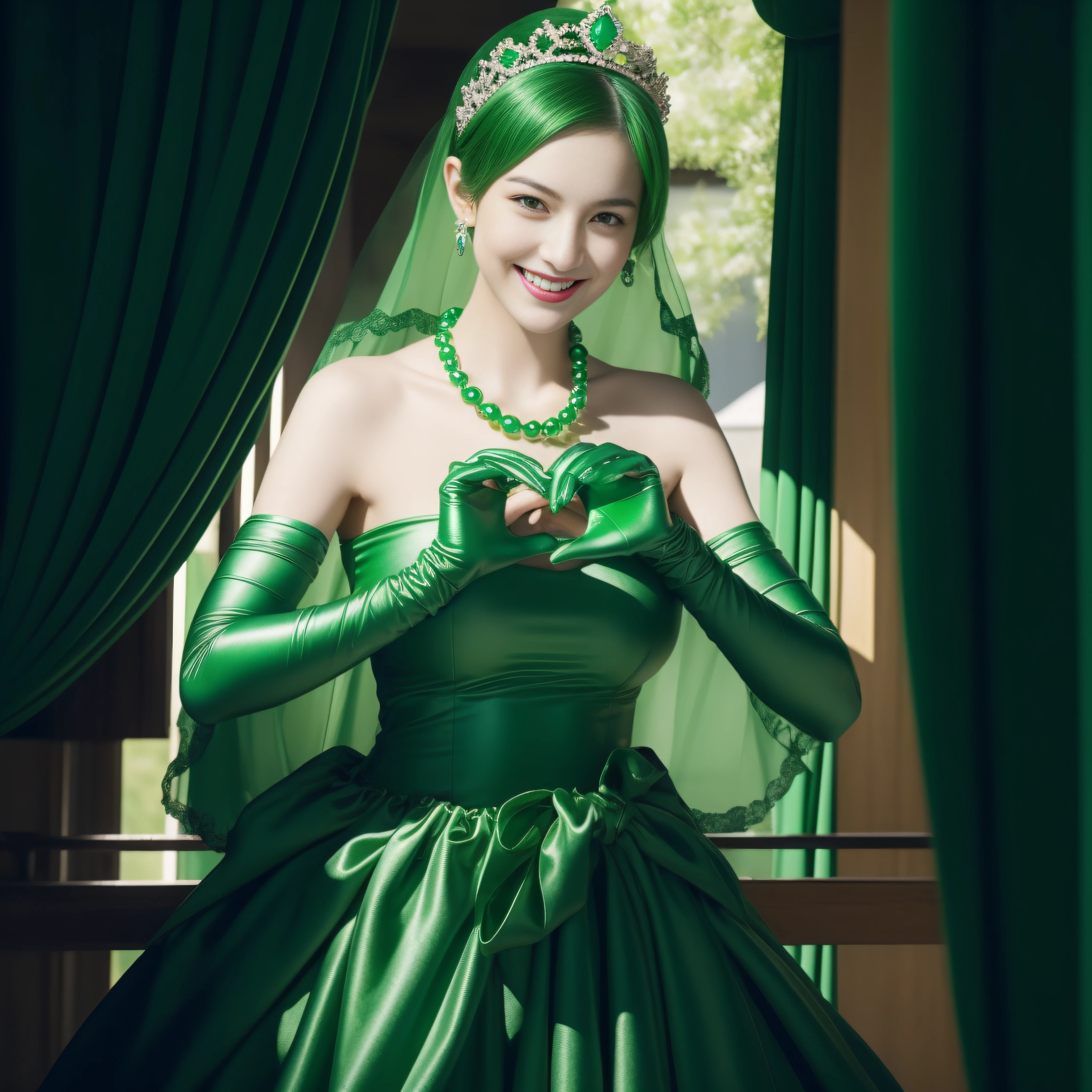 emerald tiara, Green Pearl Necklace, Boyish very short green hair, lipsticks, Japan woman smiling, very short short hair,  big breasts beautiful, Green eyes, Long green gloves made of satin material, Green eyes, Emerald Earrings, green vale, Heart with both hands