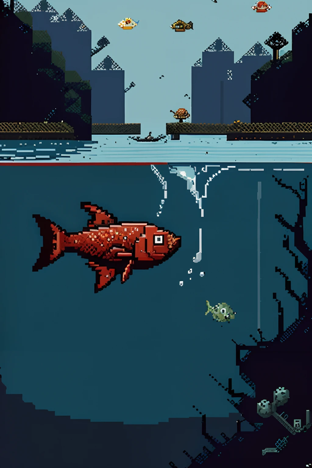 horror and fishing game where you have to catch abyssal fish from a 2D gameboy game called Deep Water pixel art