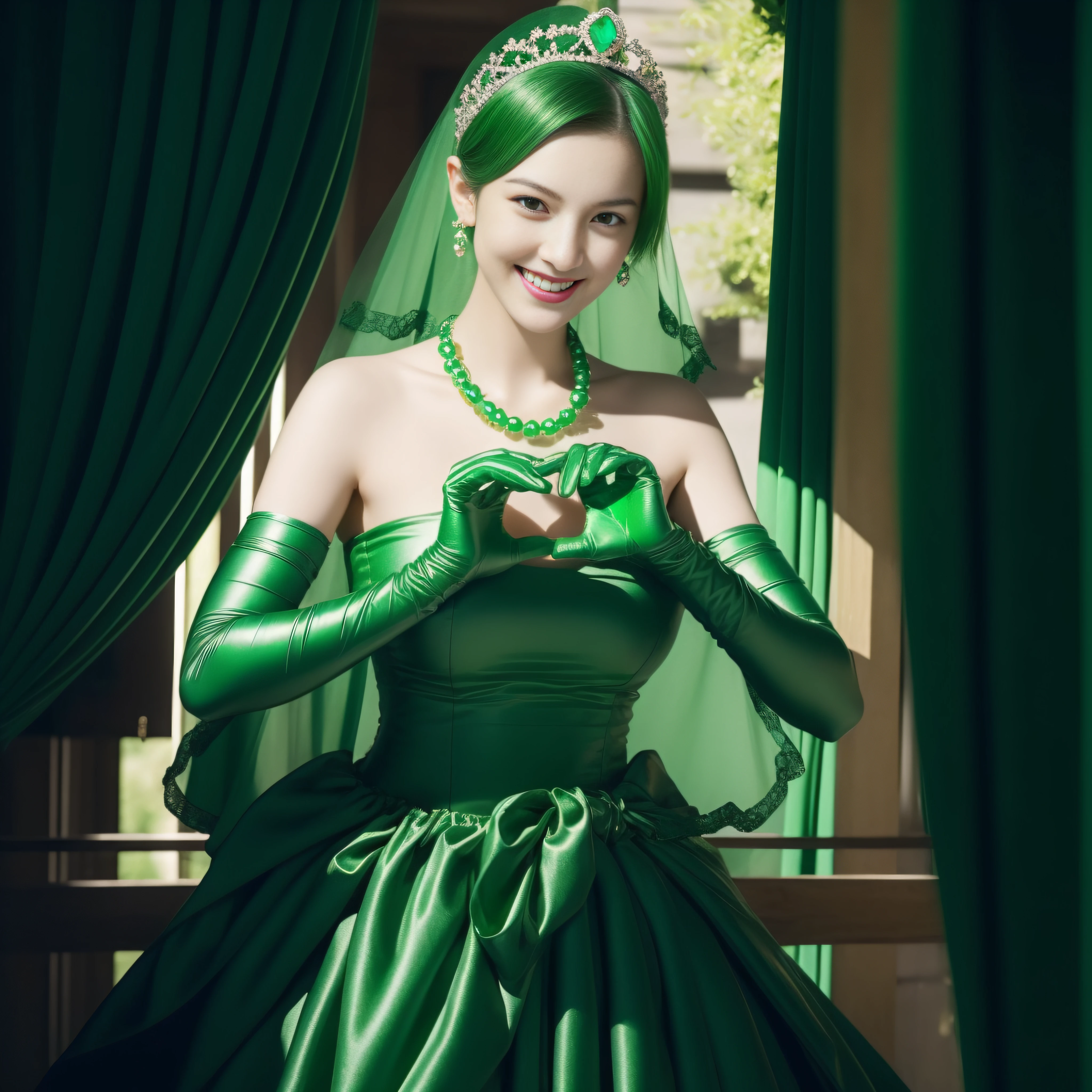 emerald tiara, Green Pearl Necklace, Boyish very short green hair, lipsticks, Japan woman smiling, very short short hair, big breasts beautiful, Green eyes, Long green gloves made of satin material, Green eyes, Emerald Earrings, green vale, Heart with both hands